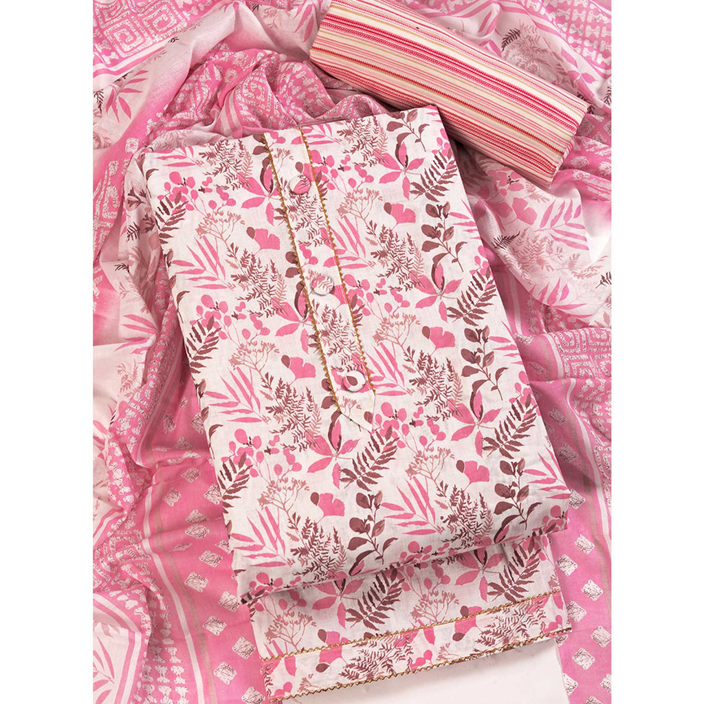 Floral Motifs on Pink Pure Cotton Dress Material for Effortless Style