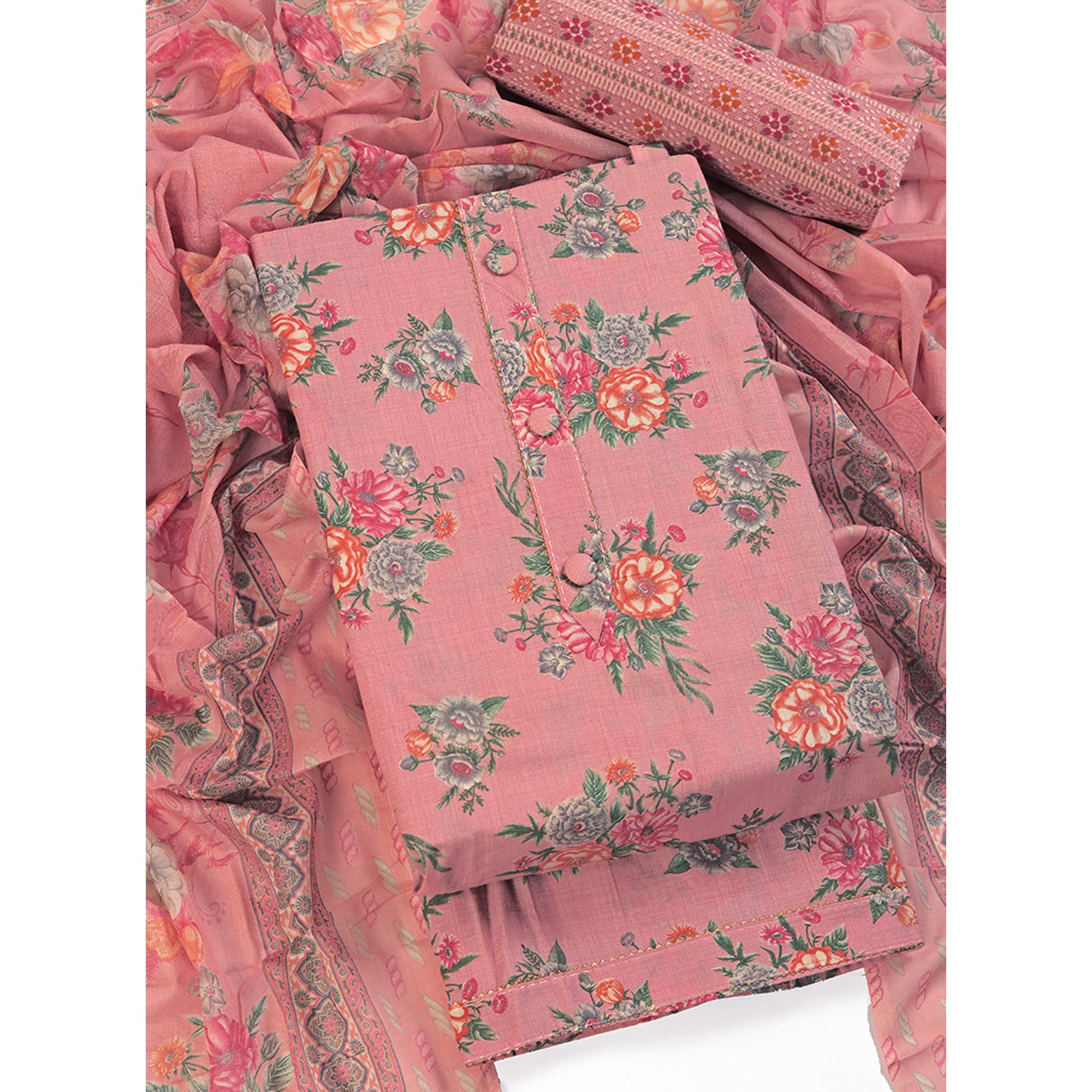 Charming Pink Dress Material in Pure Cotton with Subtle Floral Pattern Work