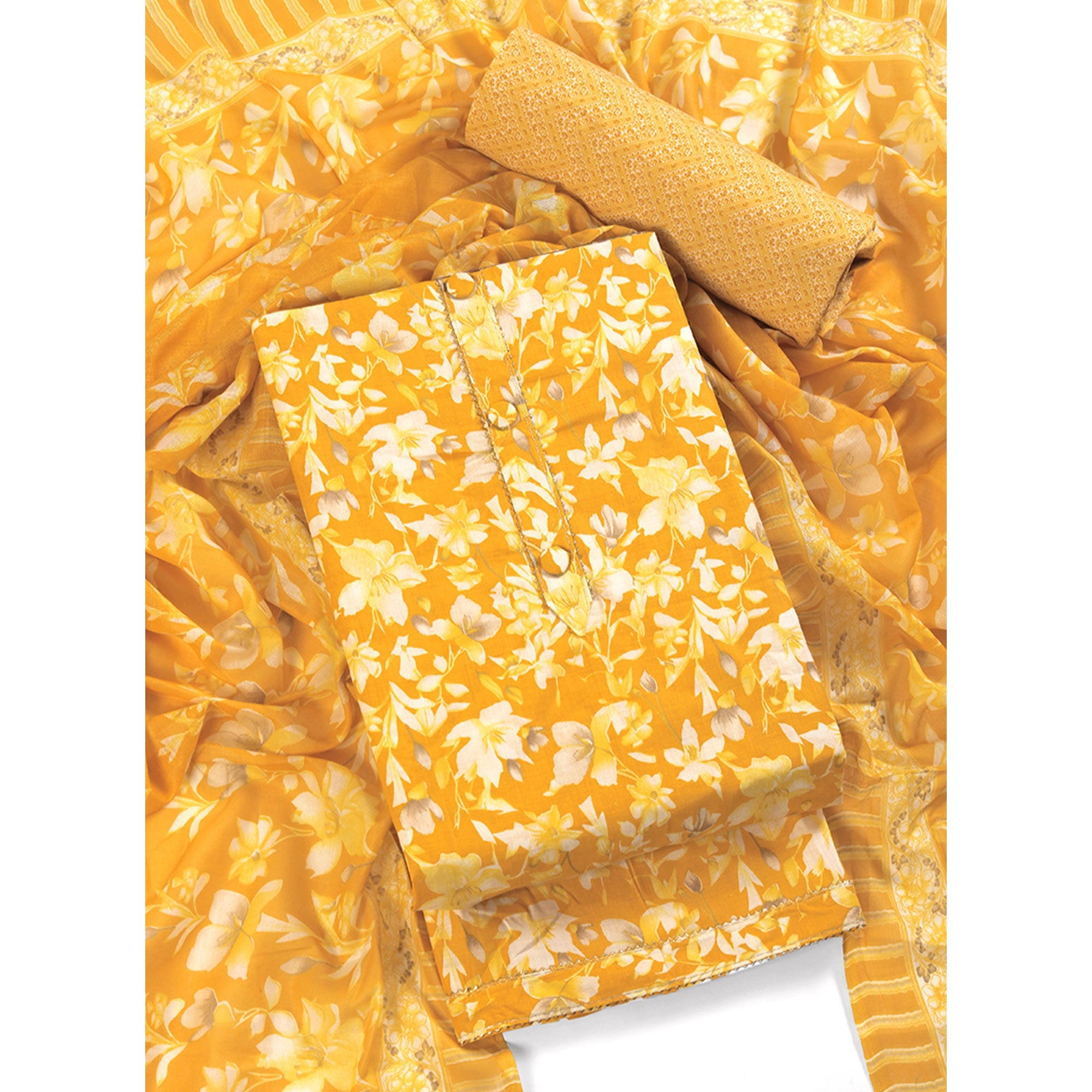 Mustard Floral Motif Printed Dress Material for Effortless Elegance