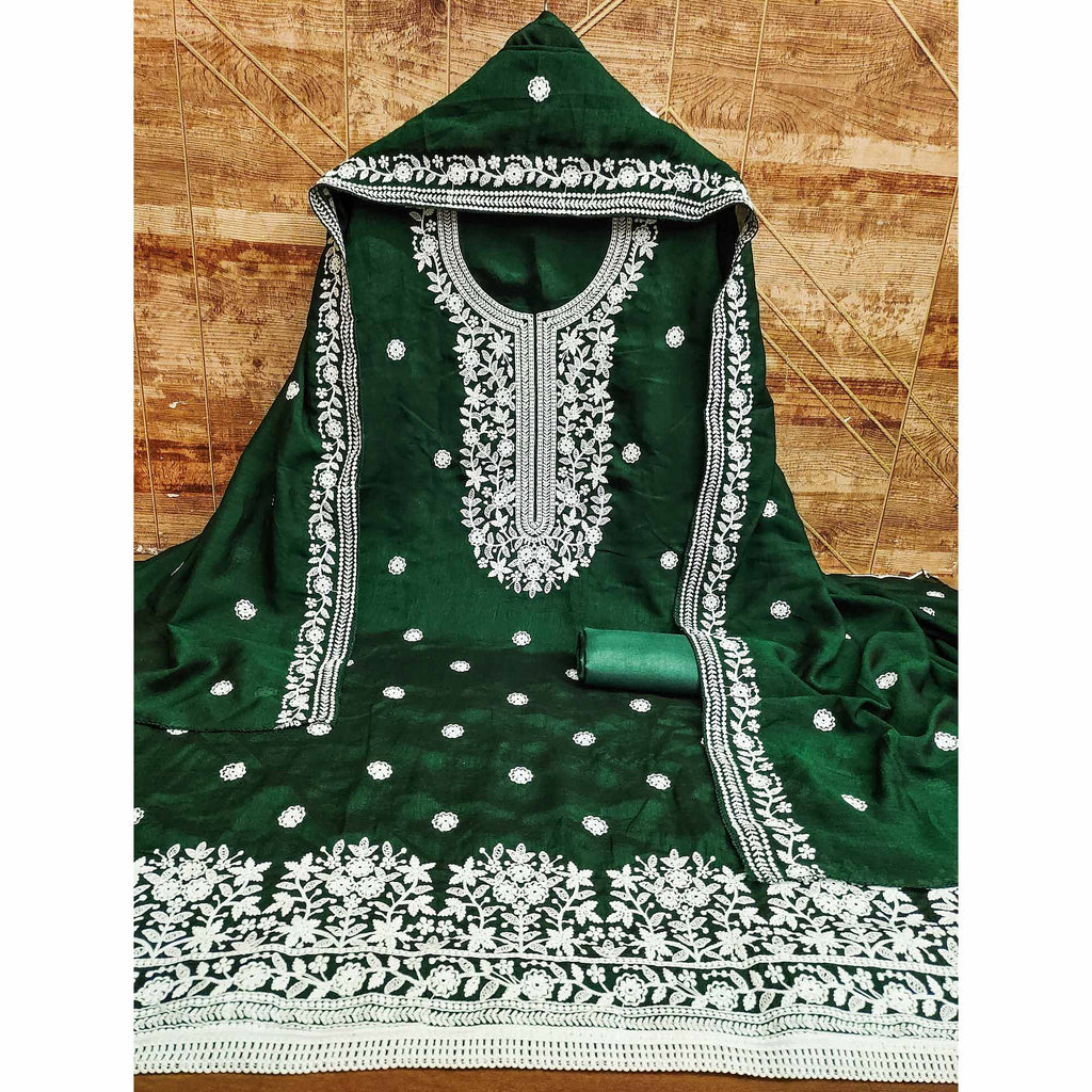 Green Floral Embroidered Vichitra Silk Dress Material