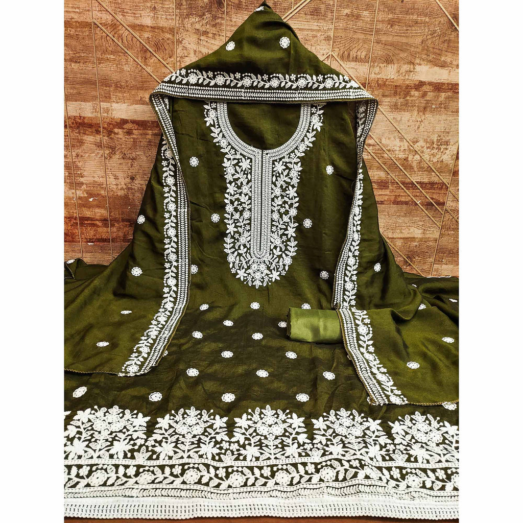 Mehendi Green Floral Embroidered Vichitra Silk Dress Material