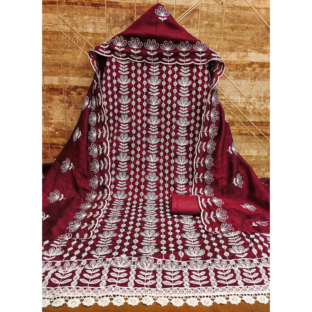 Maroon Floral Embroidered Vichitra Silk Dress Material
