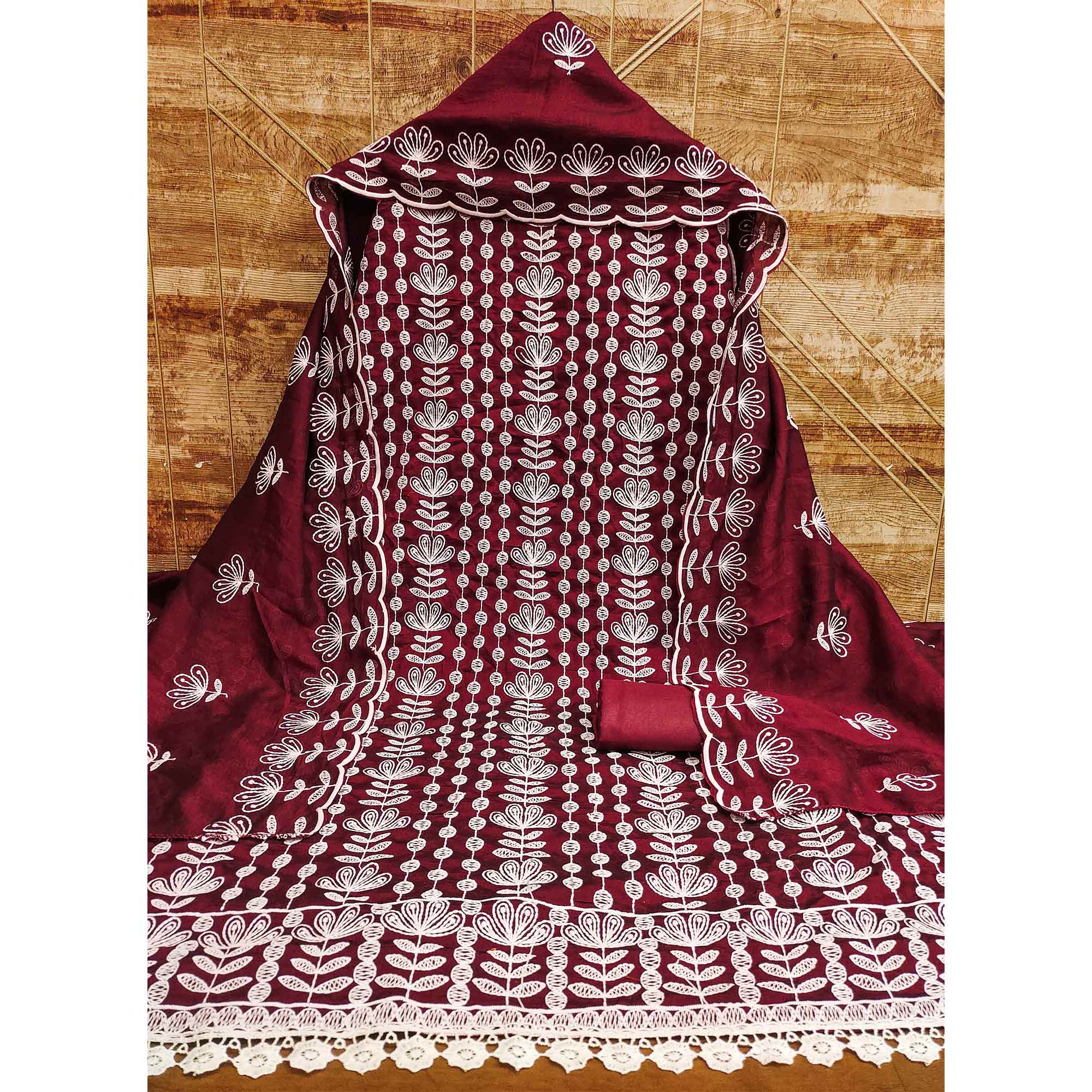 Maroon Floral Embroidered Vichitra Silk Dress Material