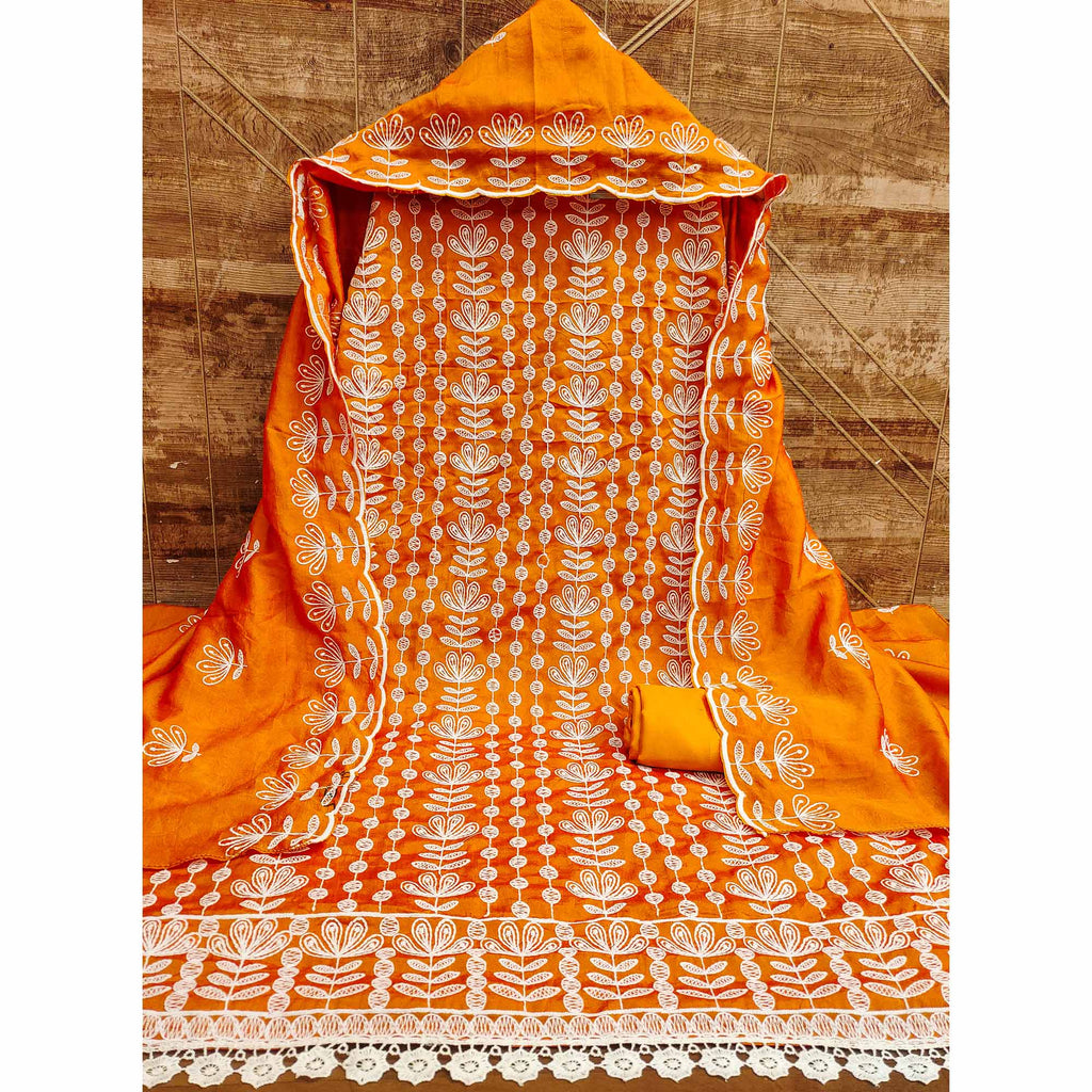 Mustard Floral Embroidered Vichitra Silk Dress Material