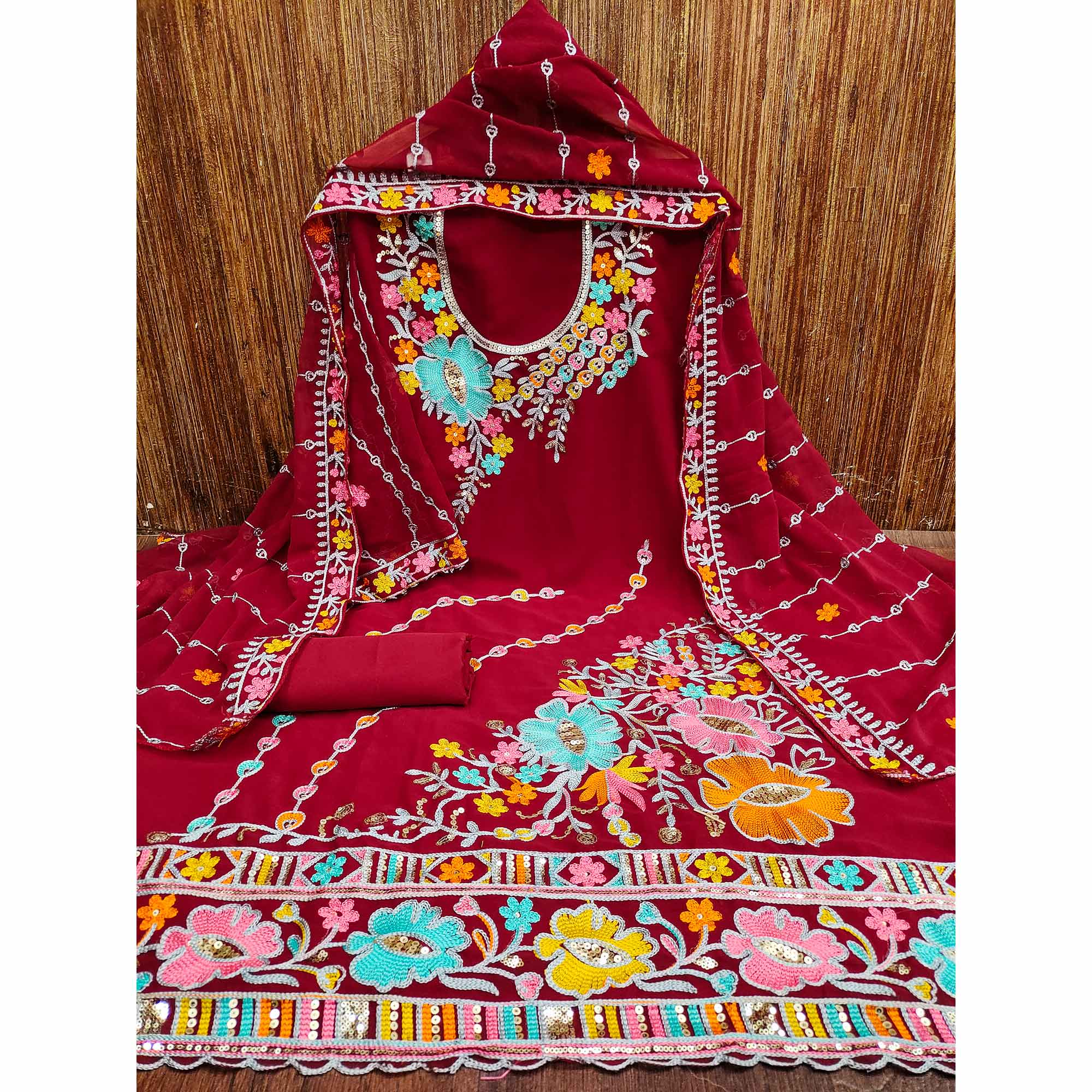 Maroon Floral Sequins Embroidered Georgette Dress Material