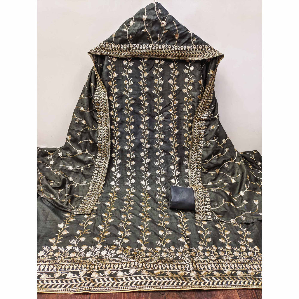 Grey Floral Embroidered Vichitra Silk Dress Material