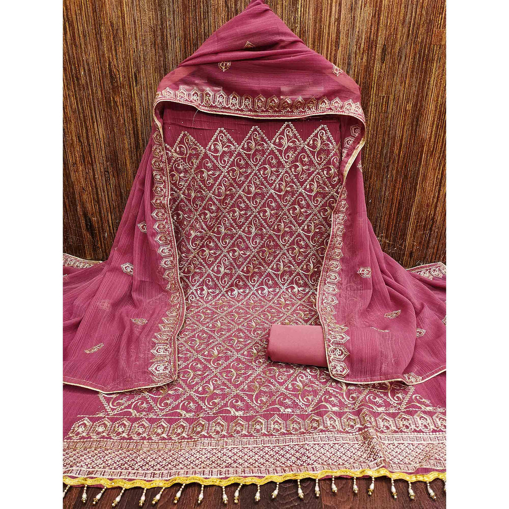 Pink Floral Embroidered Vichitra Silk Dress Material