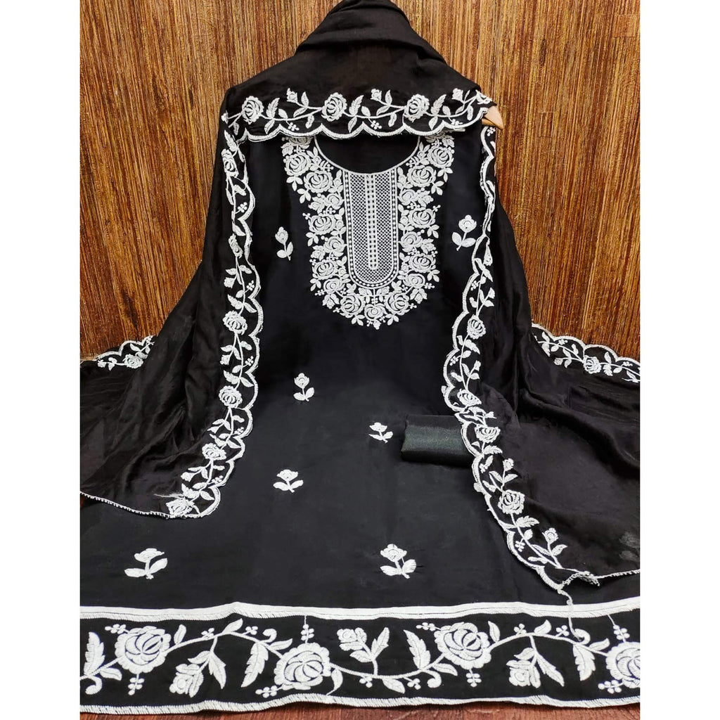 Black Floral Embroidered Chanderi Dress Material