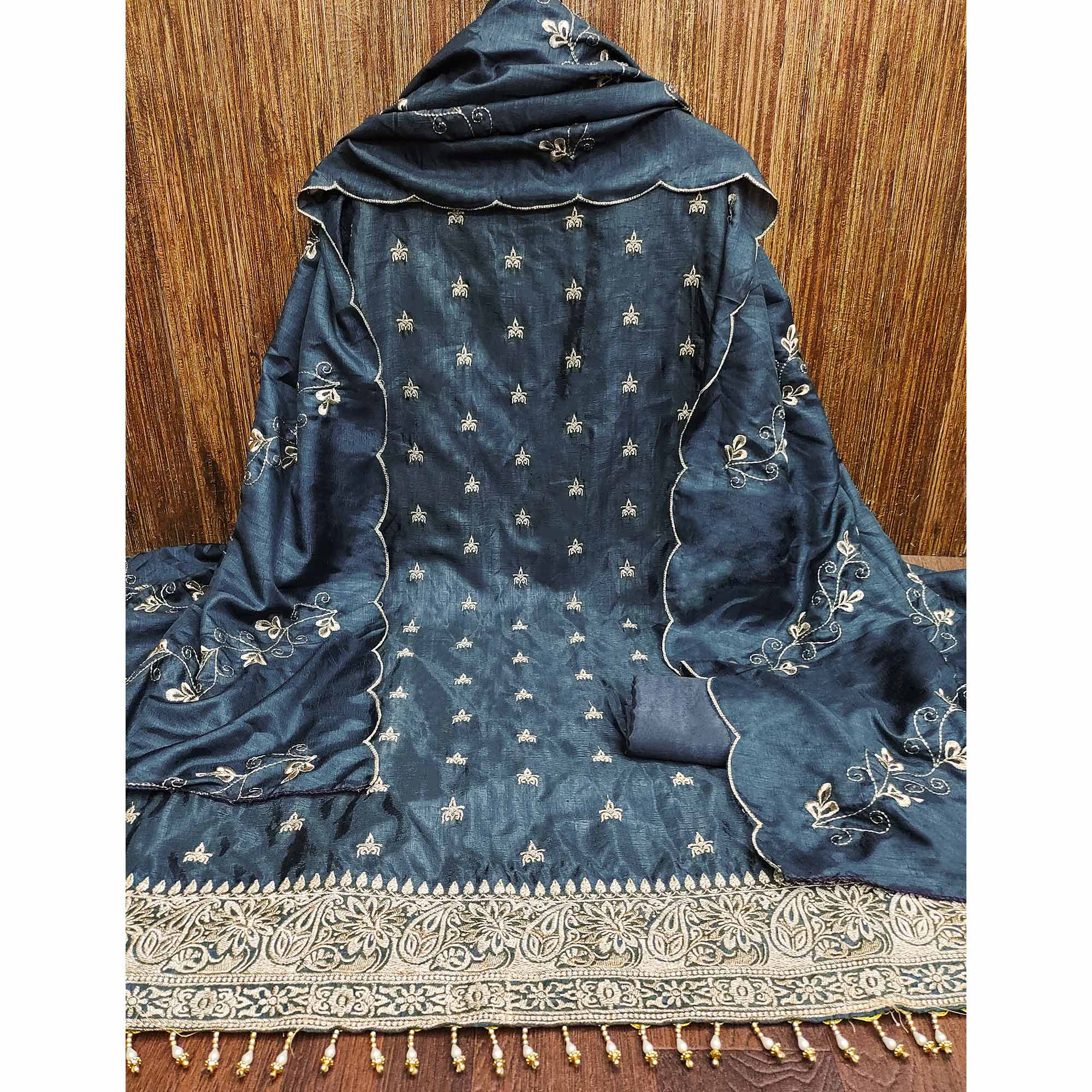 Grey Embroidered Vichitra Silk Dress Material