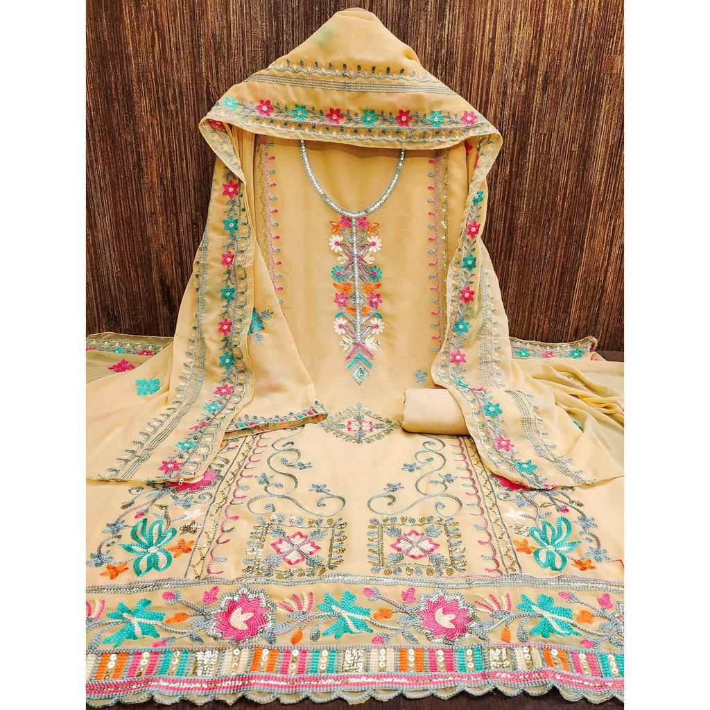 Chikoo Floral Sequins Embroidered Georgette Dress Material