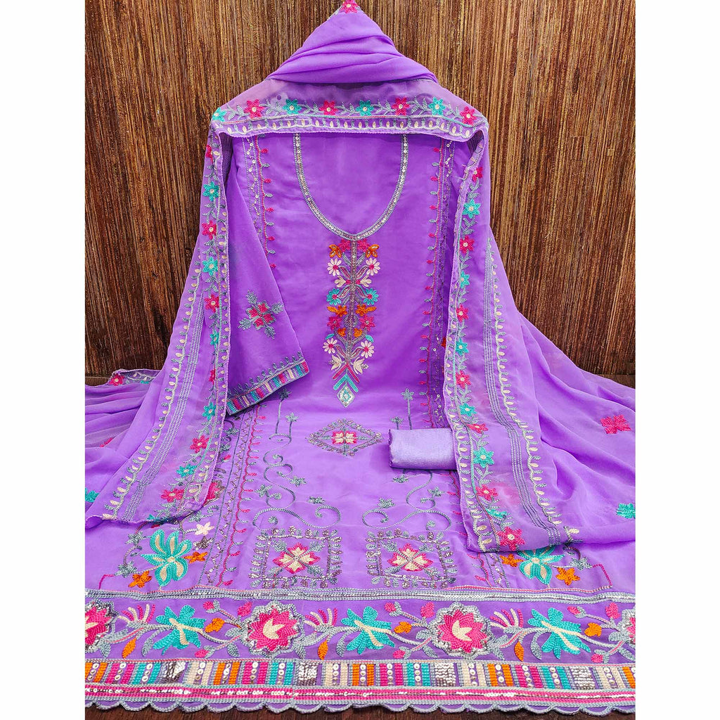 Lavender Floral Sequins Embroidered Georgette Dress Material