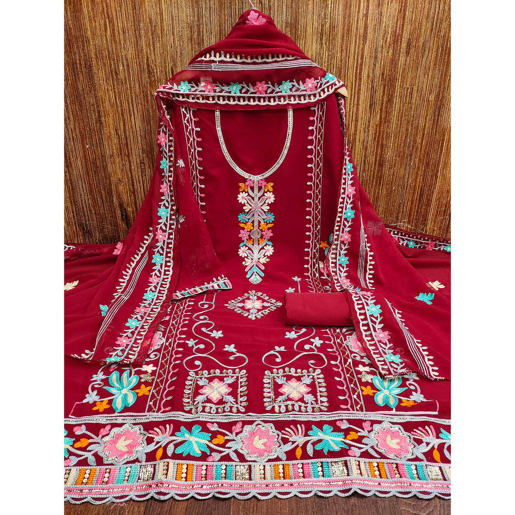 Maroon Floral Sequins Embroidered Georgette Dress Material