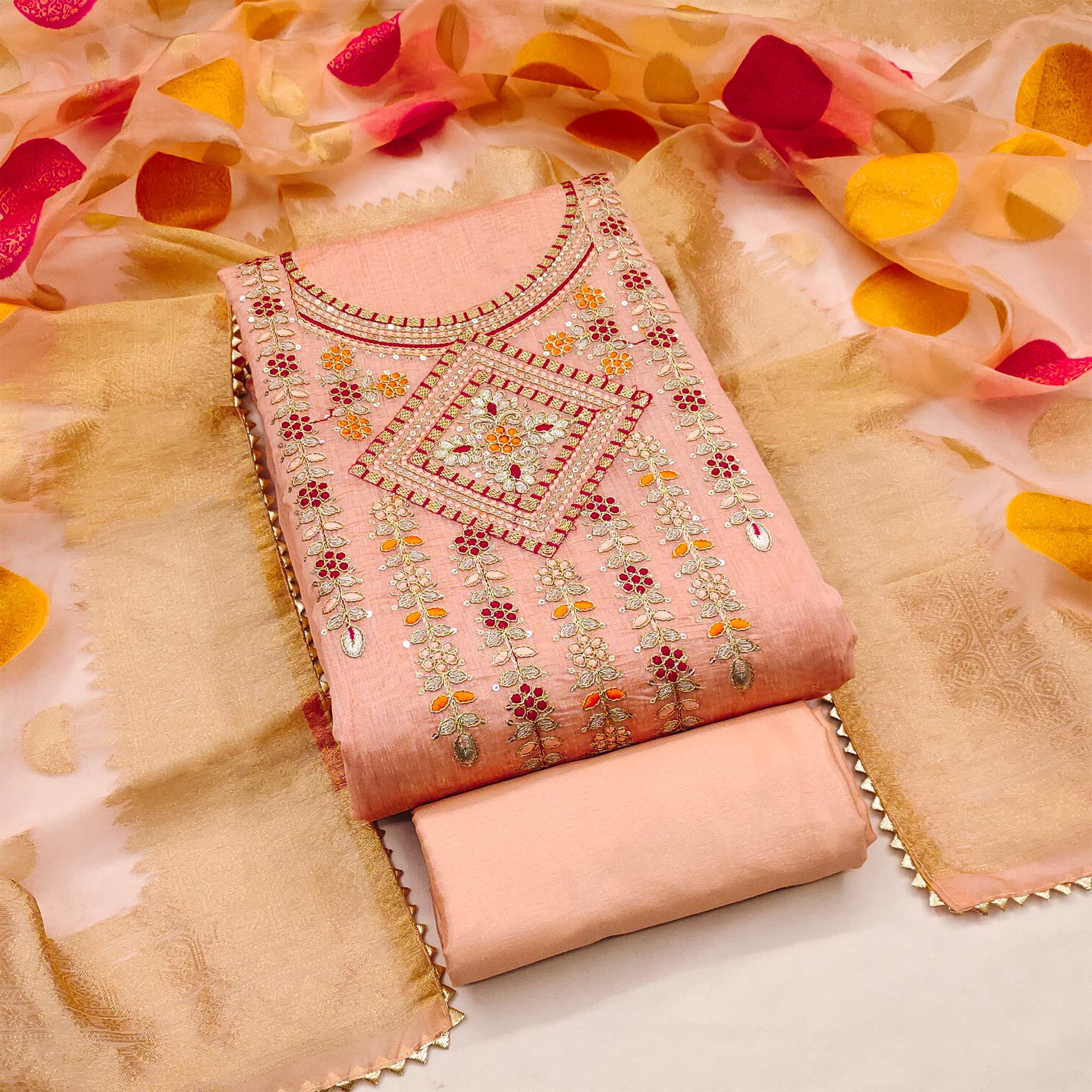 Peach Floral Sequins Embroidered Chanderi Dress Material