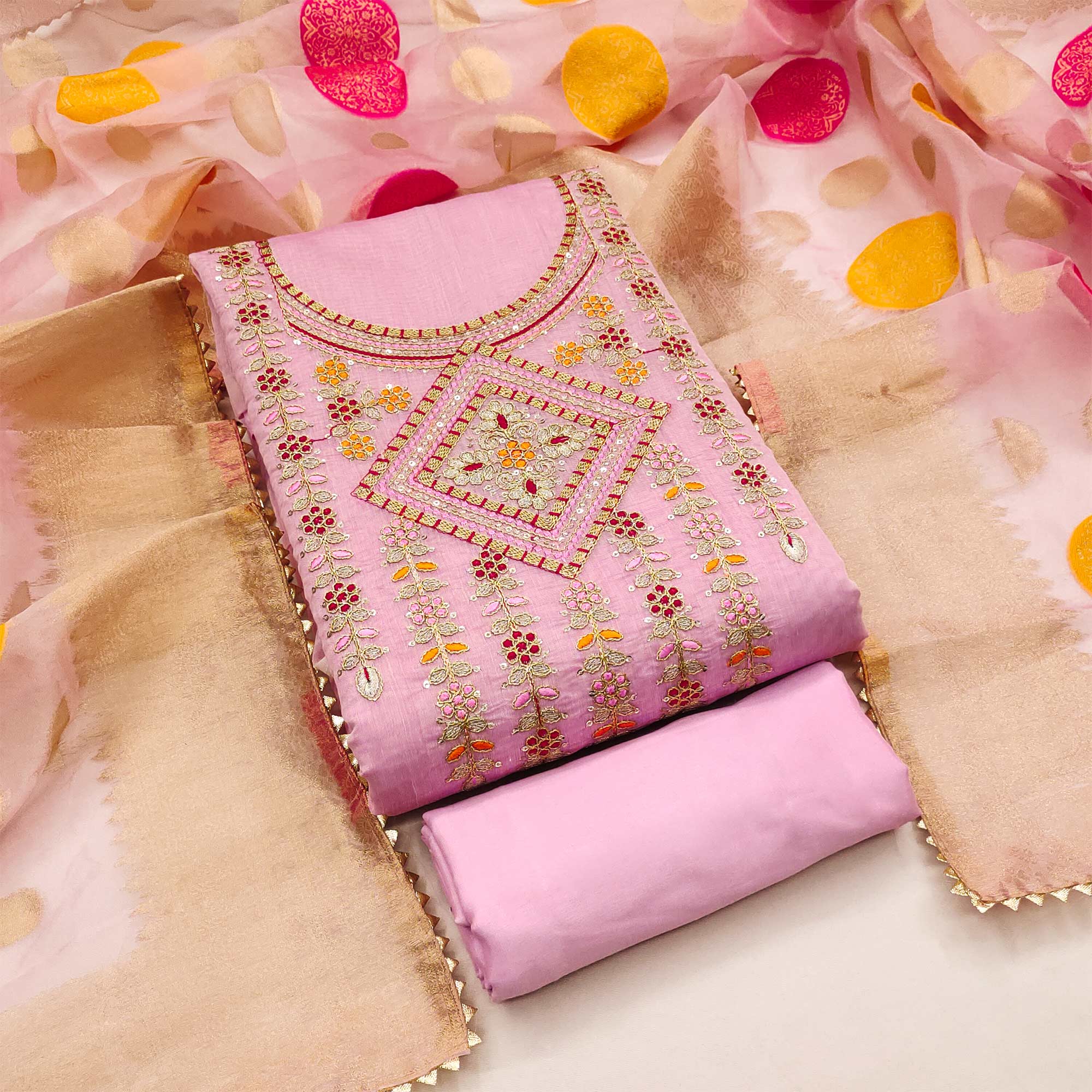 Pink Floral Sequins Embroidered Chanderi Dress Material