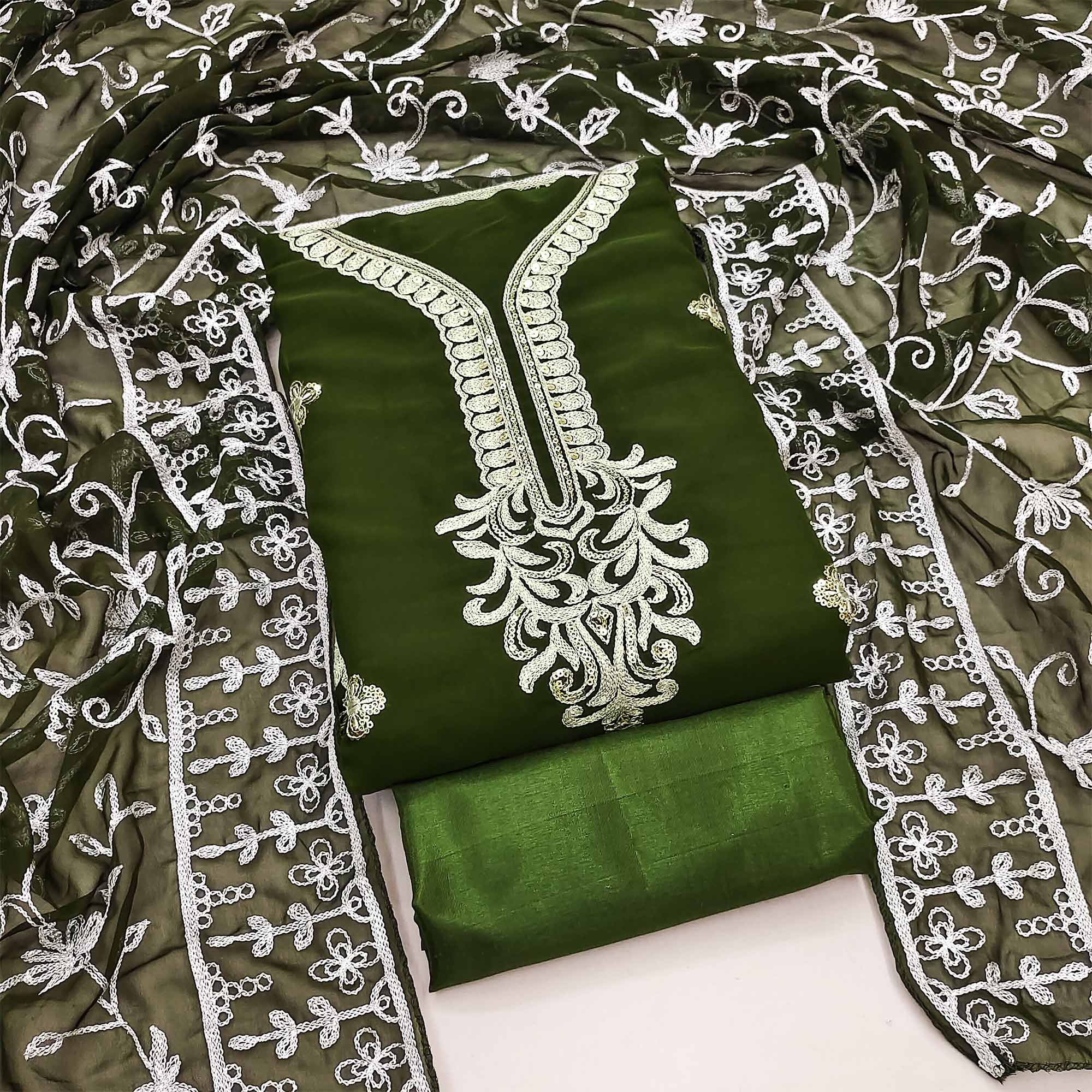 Mehendi Green Floral Sequins Embroidered Georgette Dress Material