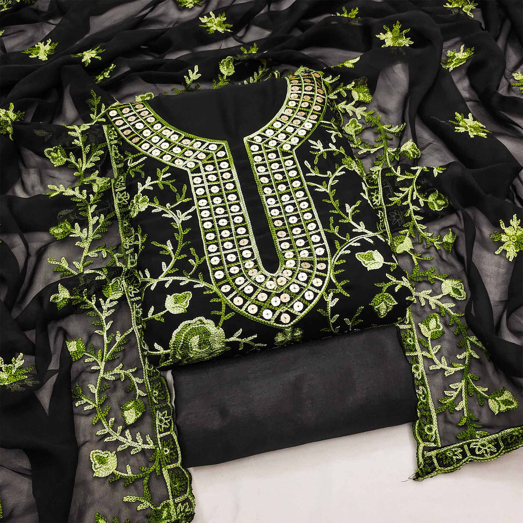 Black & Green Floral Sequins Embroidered Georgette Dress Material