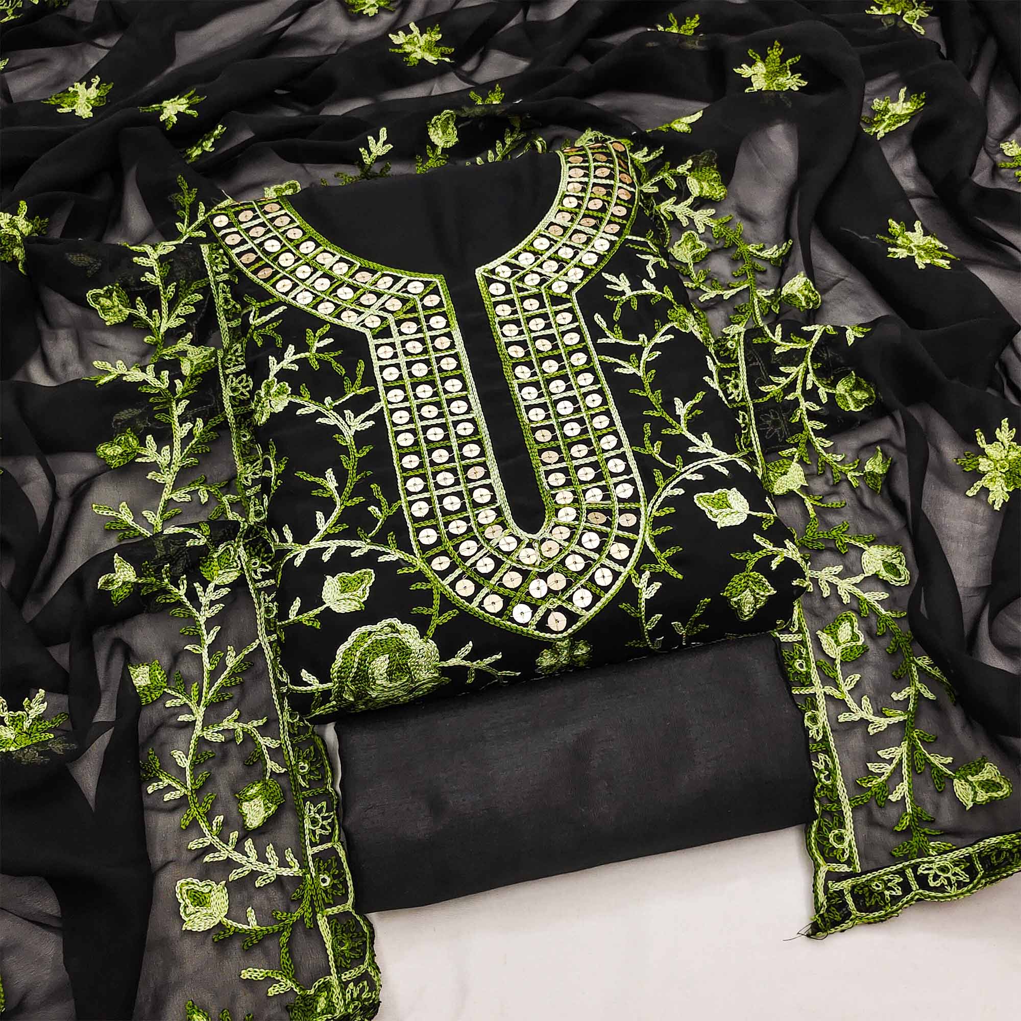 Black & Green Floral Sequins Embroidered Georgette Dress Material