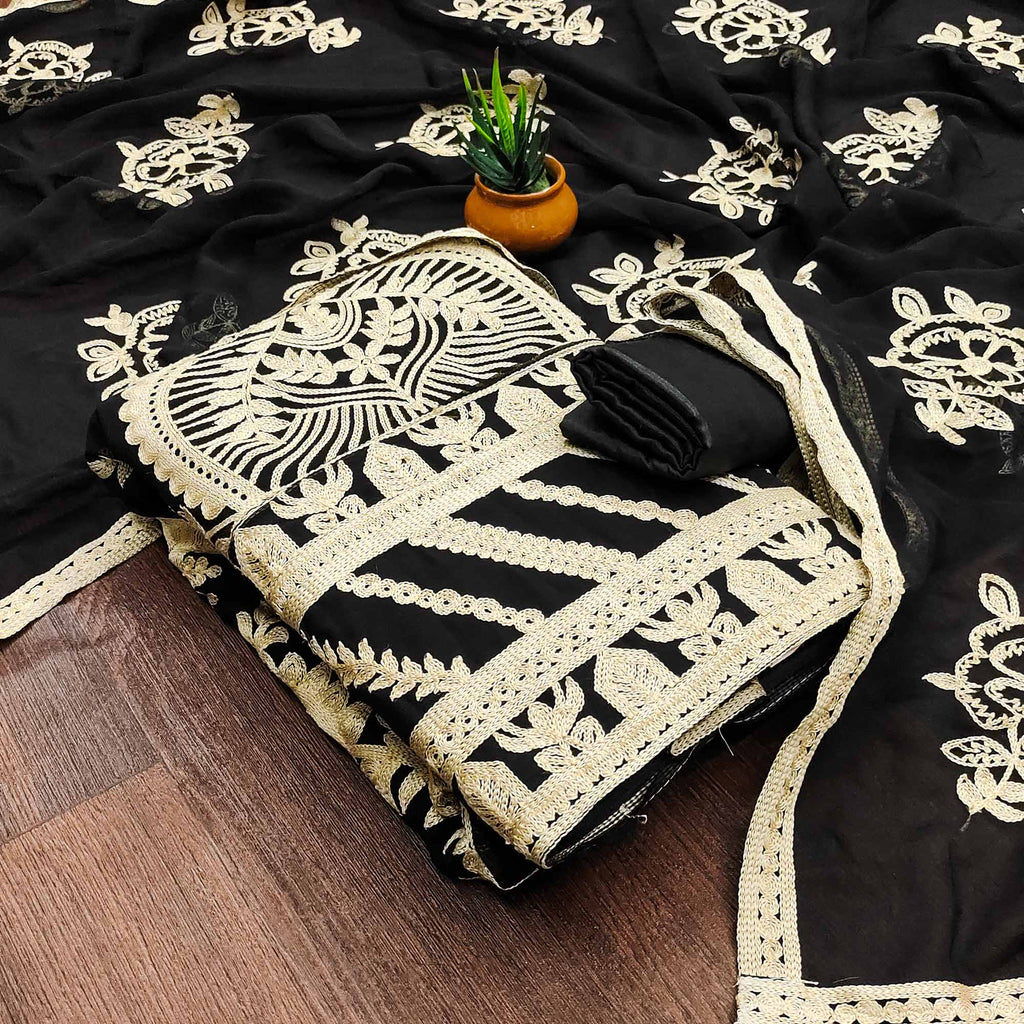 Black Floral Embroidered Georgette Dress Material