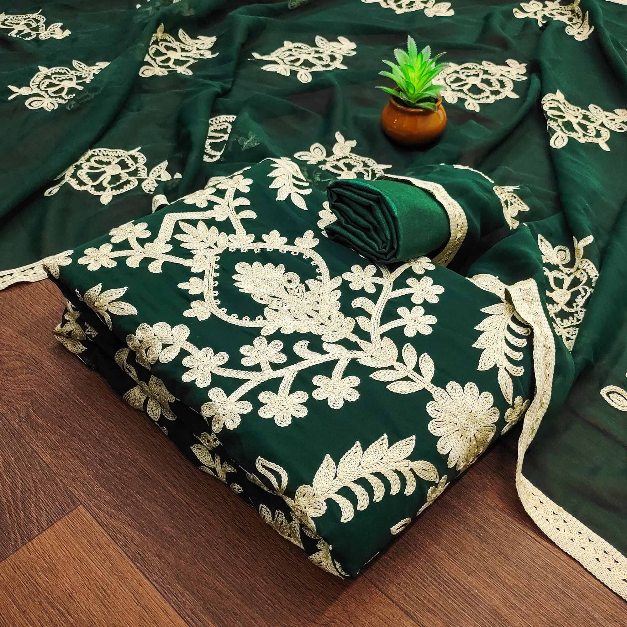 Green Floral Embroidered Georgette Dress Material