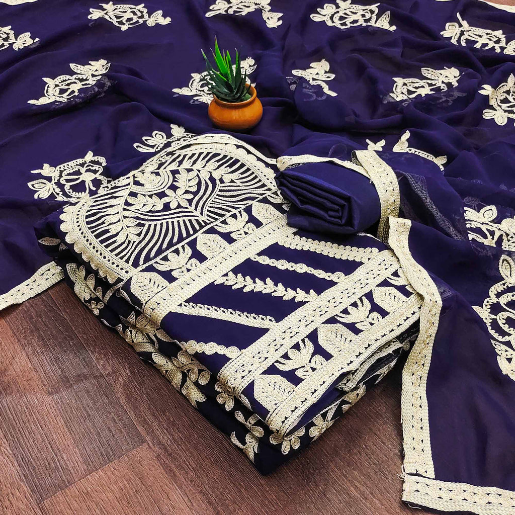 Navy Blue Floral Embroidered Georgette Dress Material