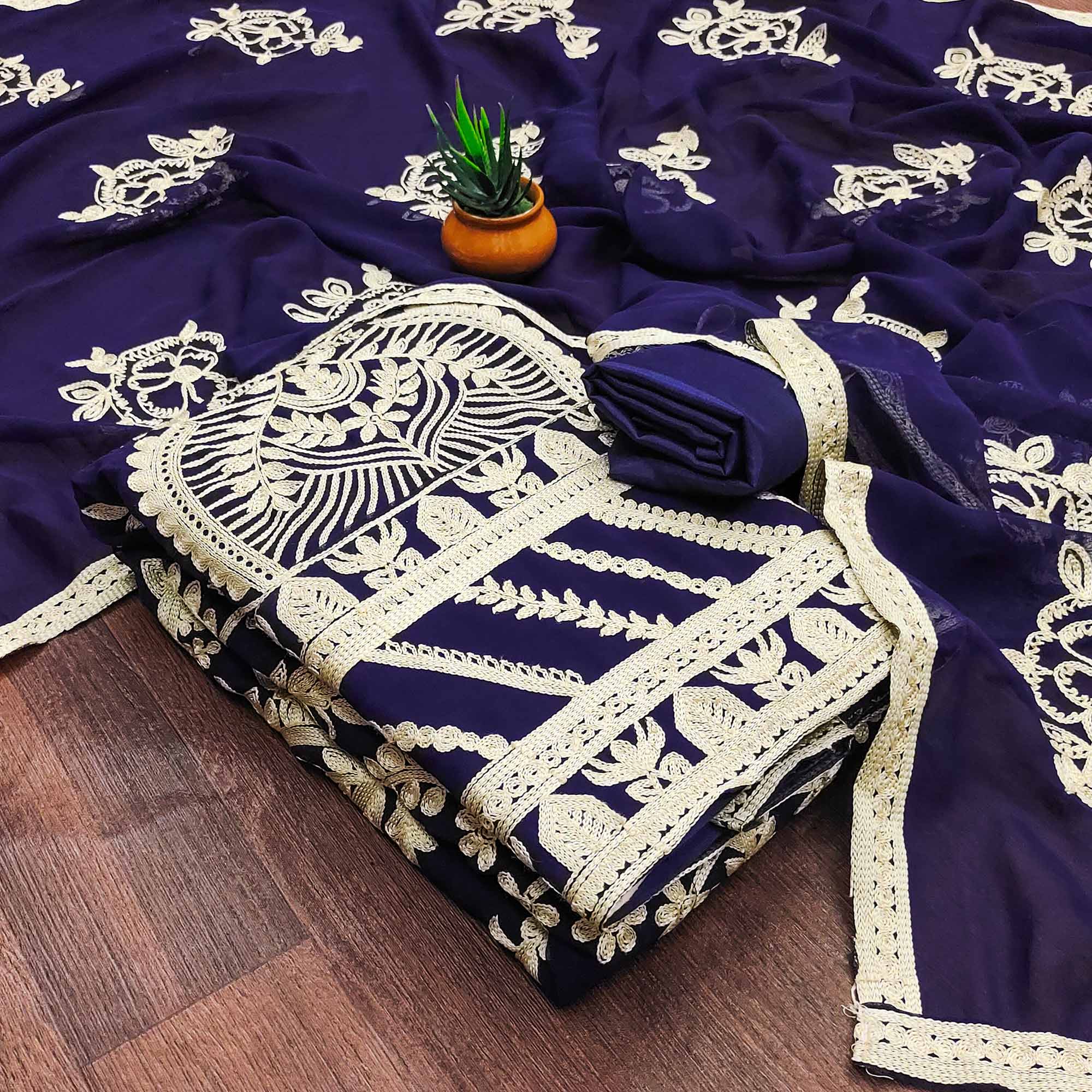 Navy Blue Floral Embroidered Georgette Dress Material
