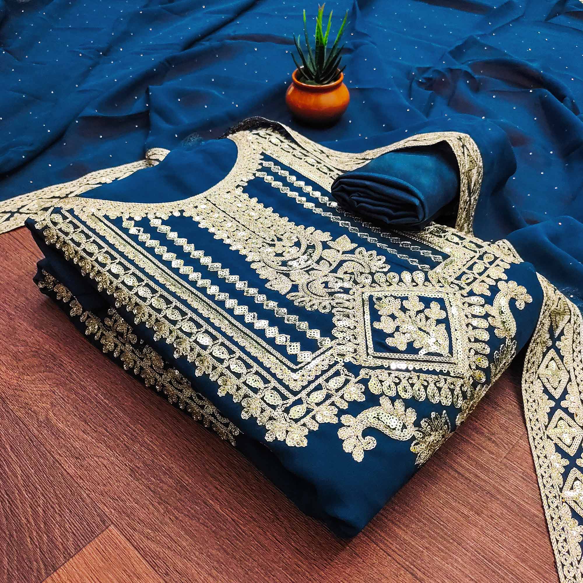 Blue Floral Sequins Embroidered Georgette Dress Material