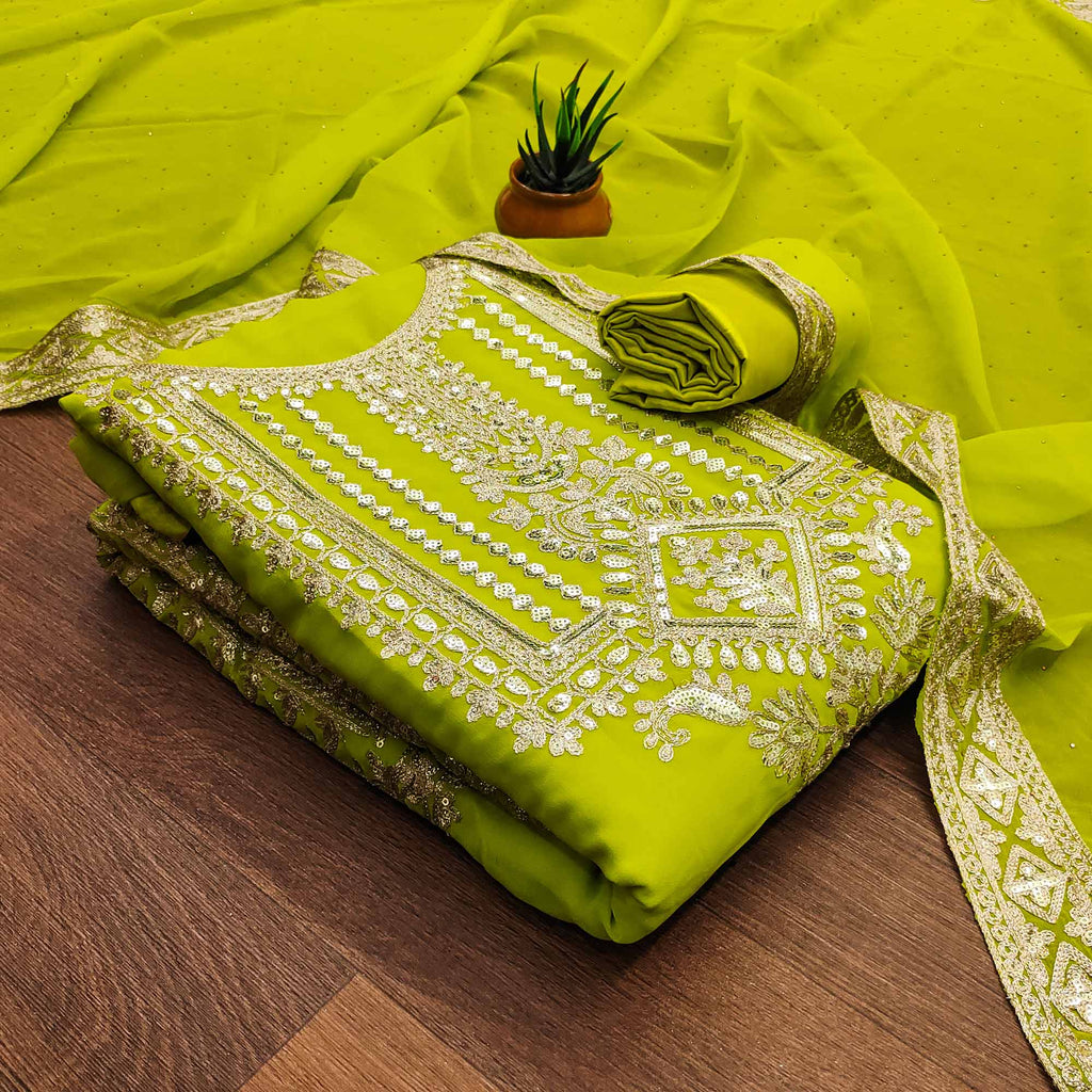Green Floral Sequins Embroidered Georgette Dress Material