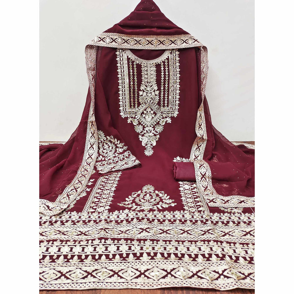 Maroon Floral Sequins Embroidered Georgette Dress Material