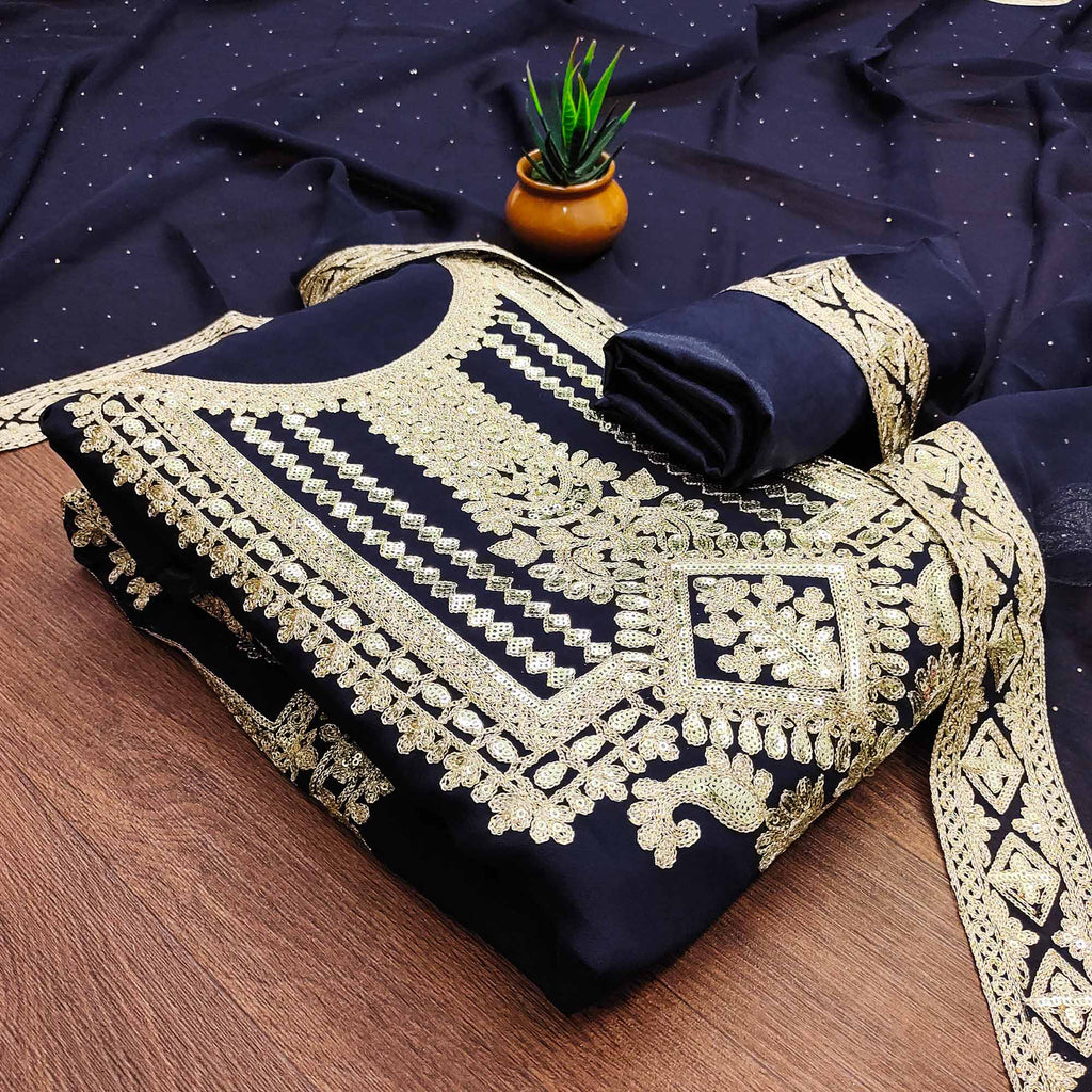 Navy Blue Floral Sequins Embroidered Georgette Dress Material