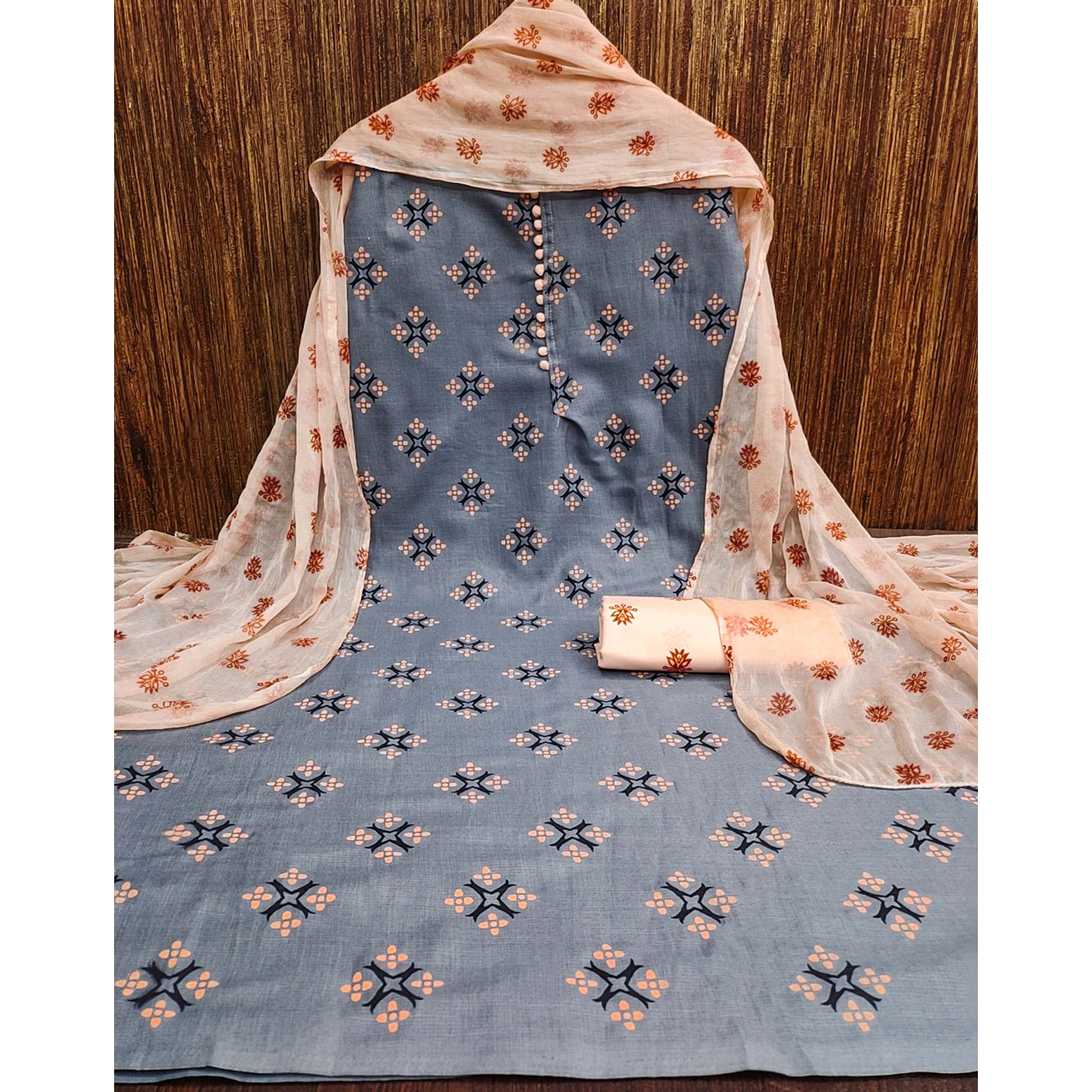 Grey & Peach Floral Printed Cotton Blend Dress Material