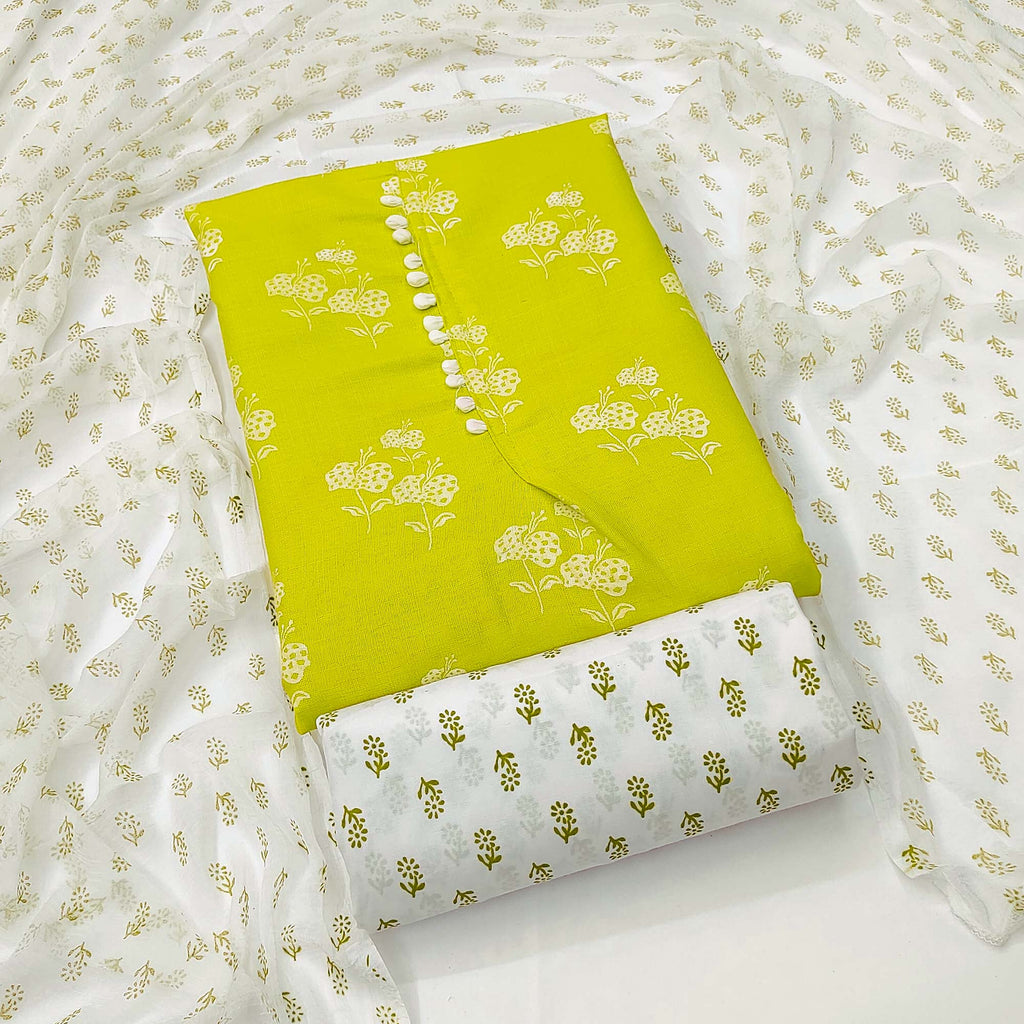 Green Cotton Blend Floral Printed Dress Material