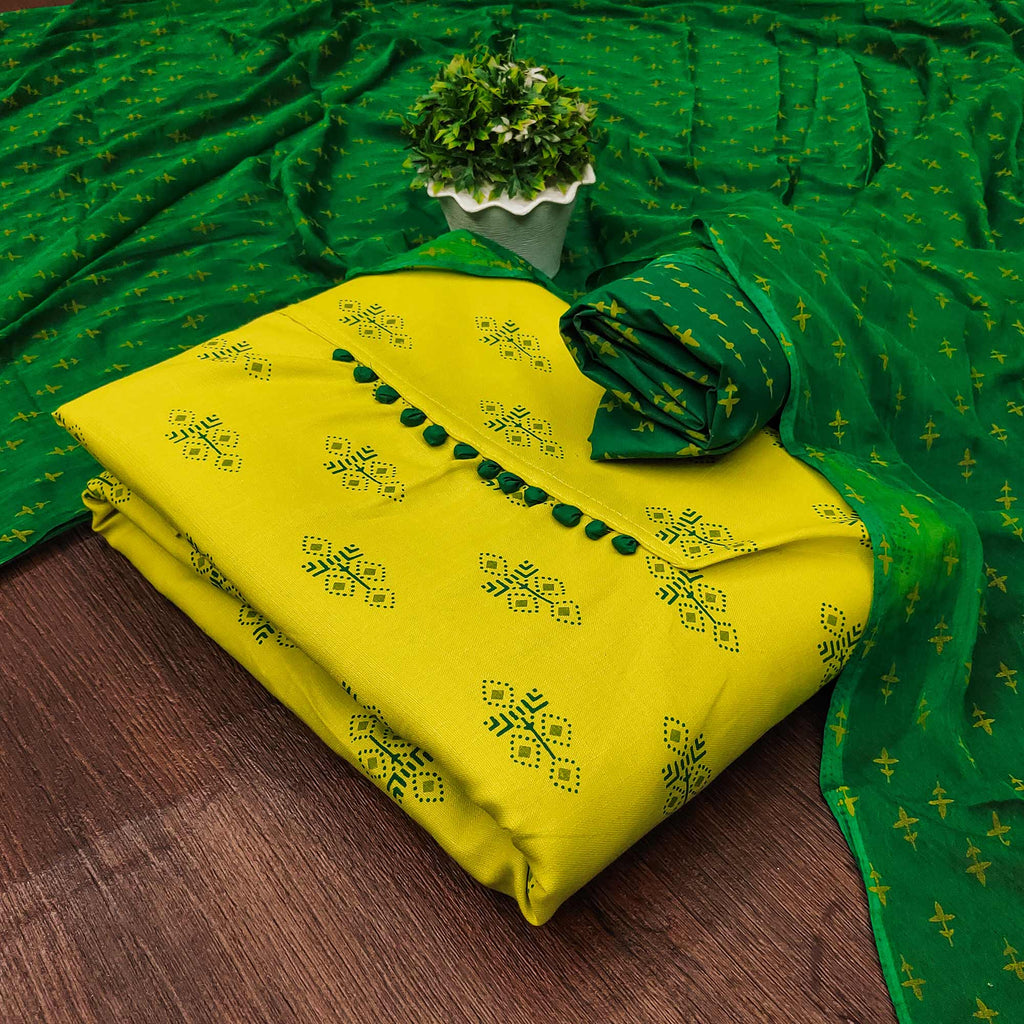 Lemon Green Floral Printed Cotton Blend Dress Material