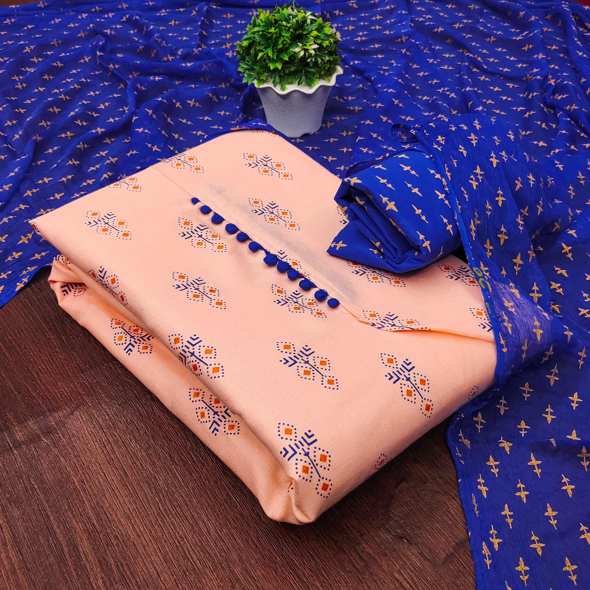 Peach Floral Printed Cotton Blend Dress Material