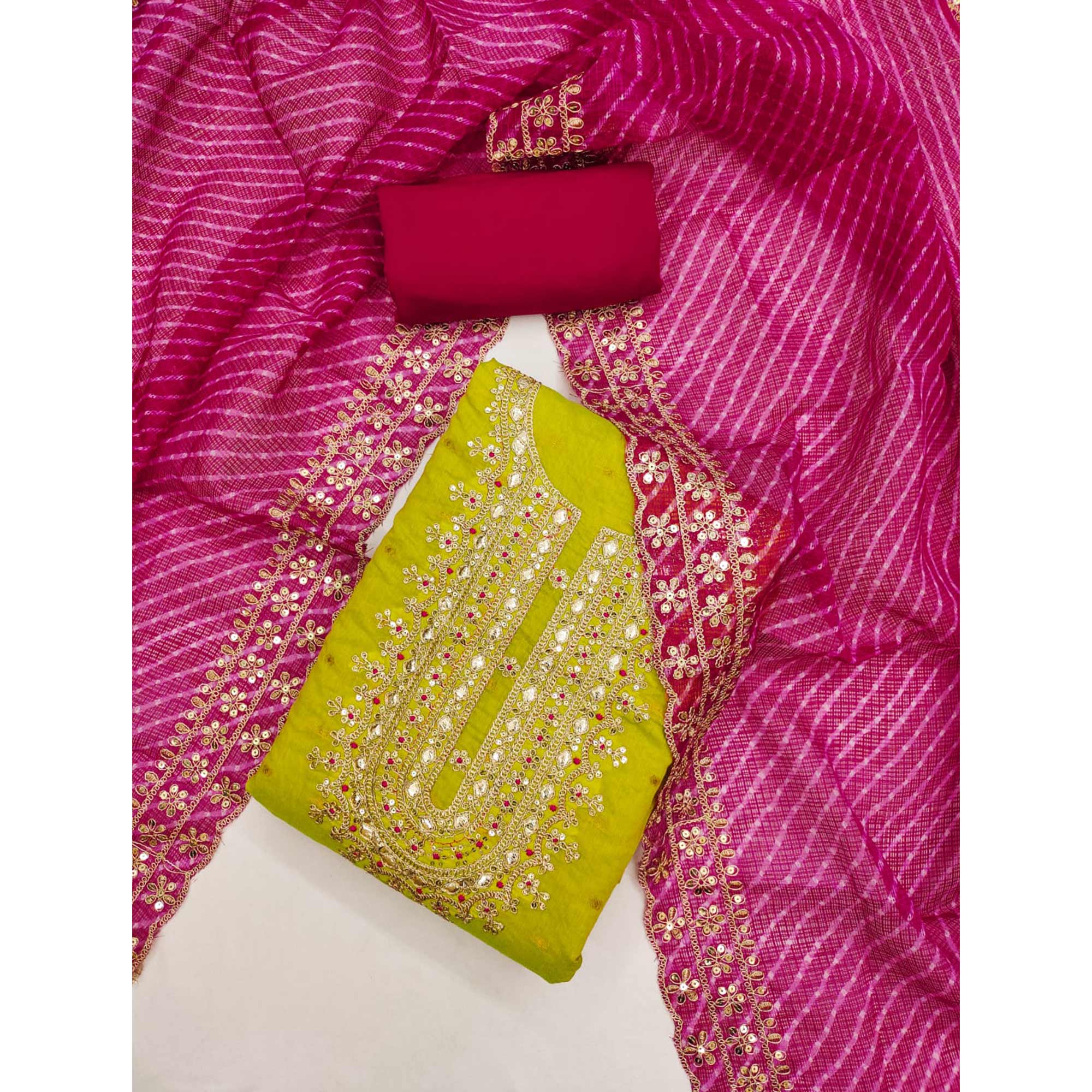 Green Woven With Sequins Embroidered Chanderi Dress Material