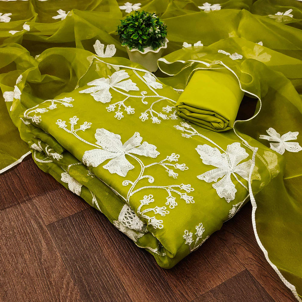 Green Floral Embroidered Organza Dress Material