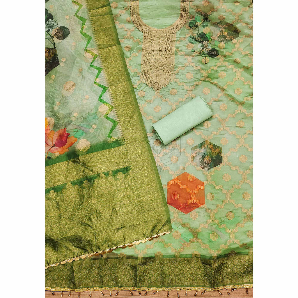 Green Woven Work Organza Dress Material