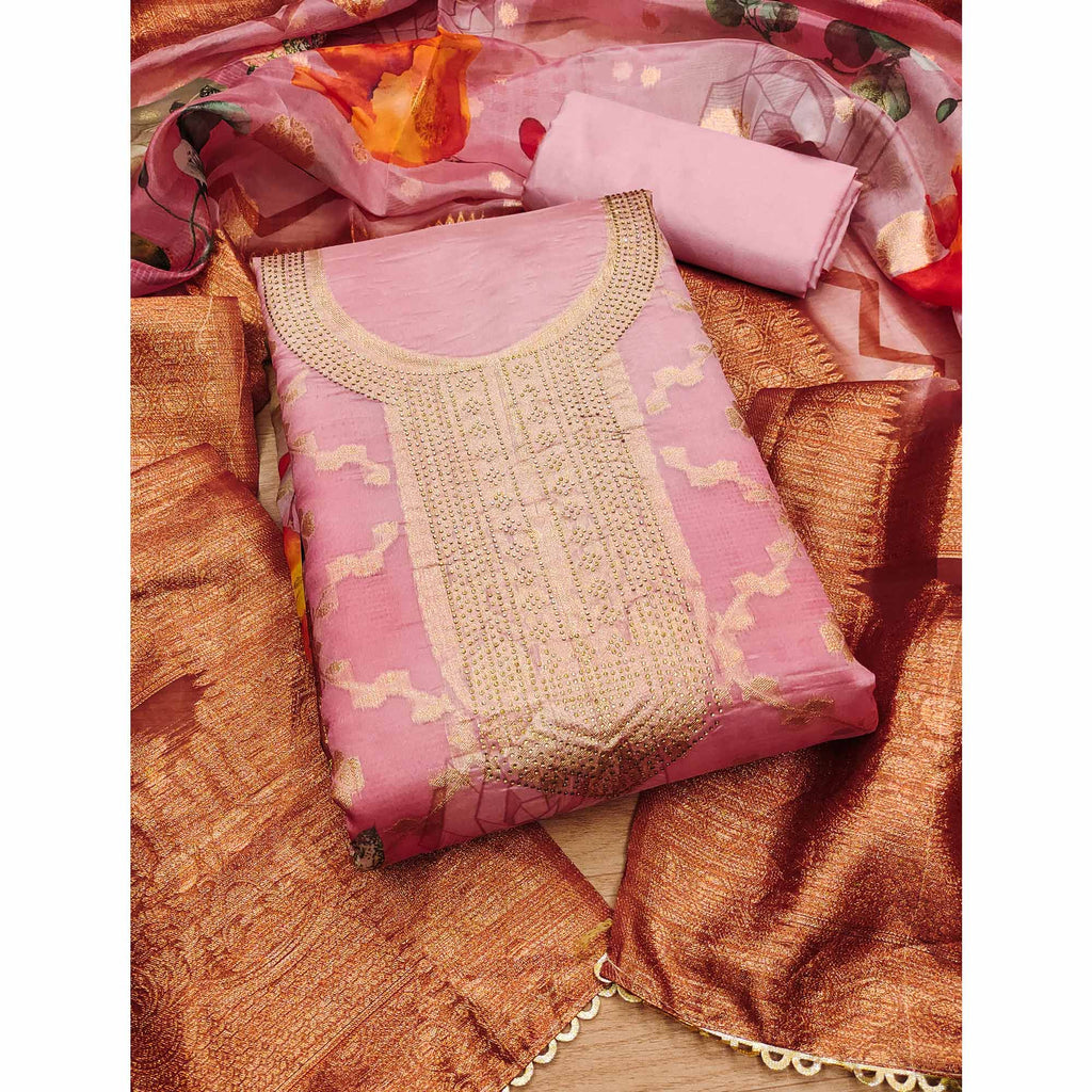 Light Pink Woven Work Organza Dress Material