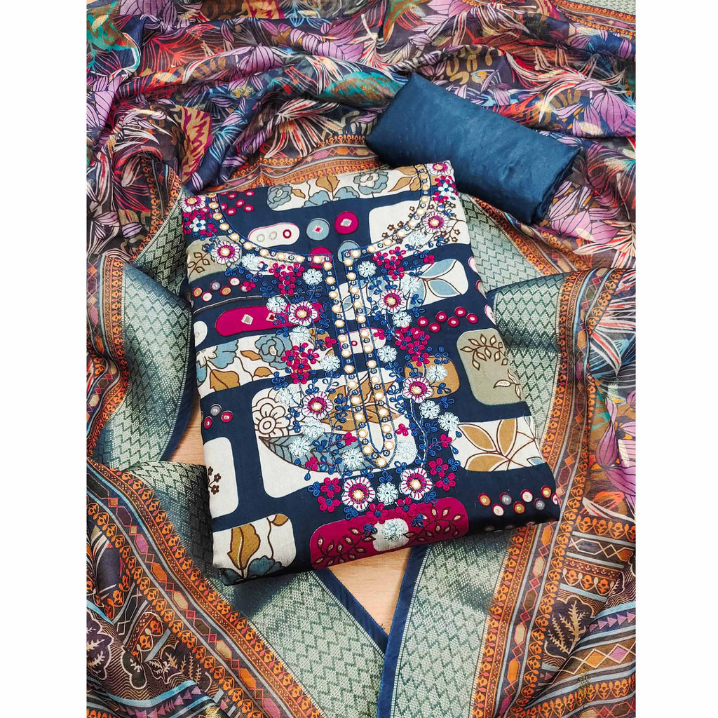 Blue Floral Printed Pure Cotton Dress Material