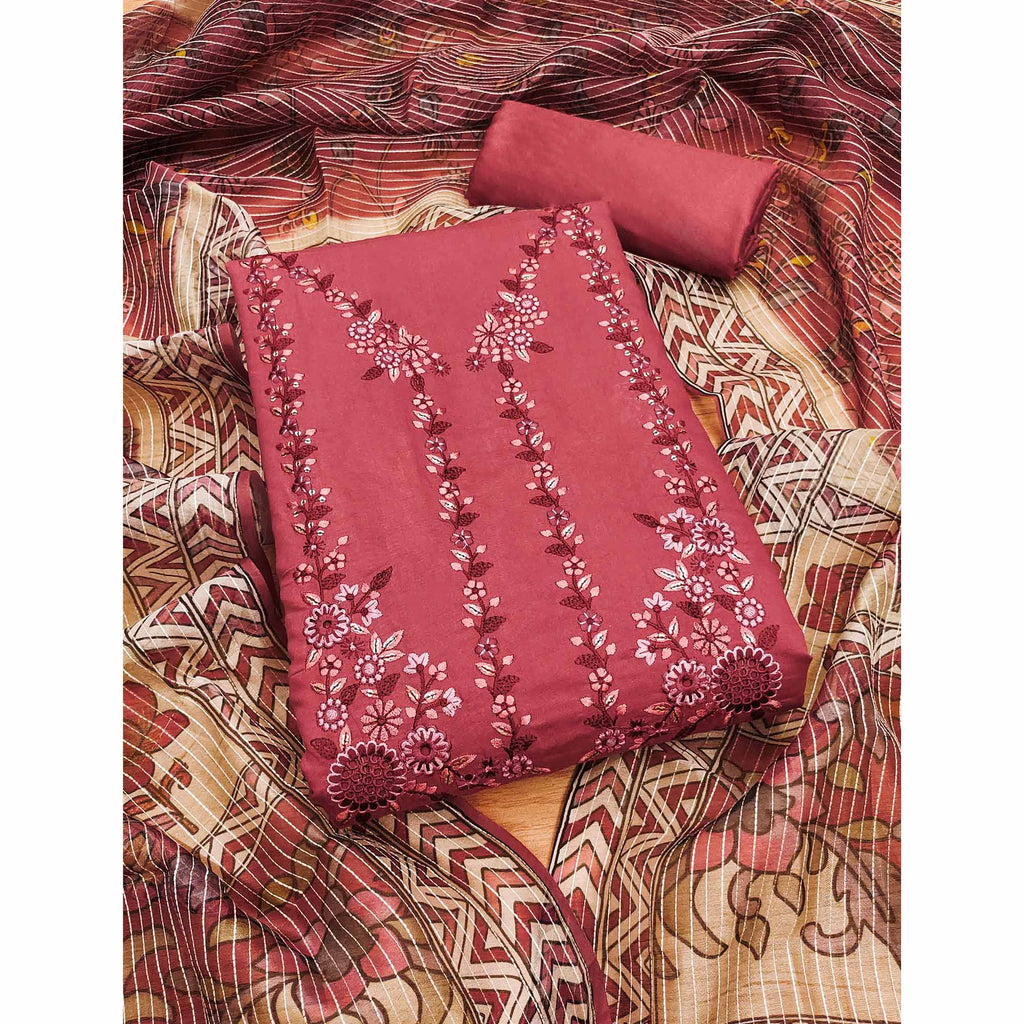 Gajari Pink  Floral Embroidered Chanderi Silk Dress Material