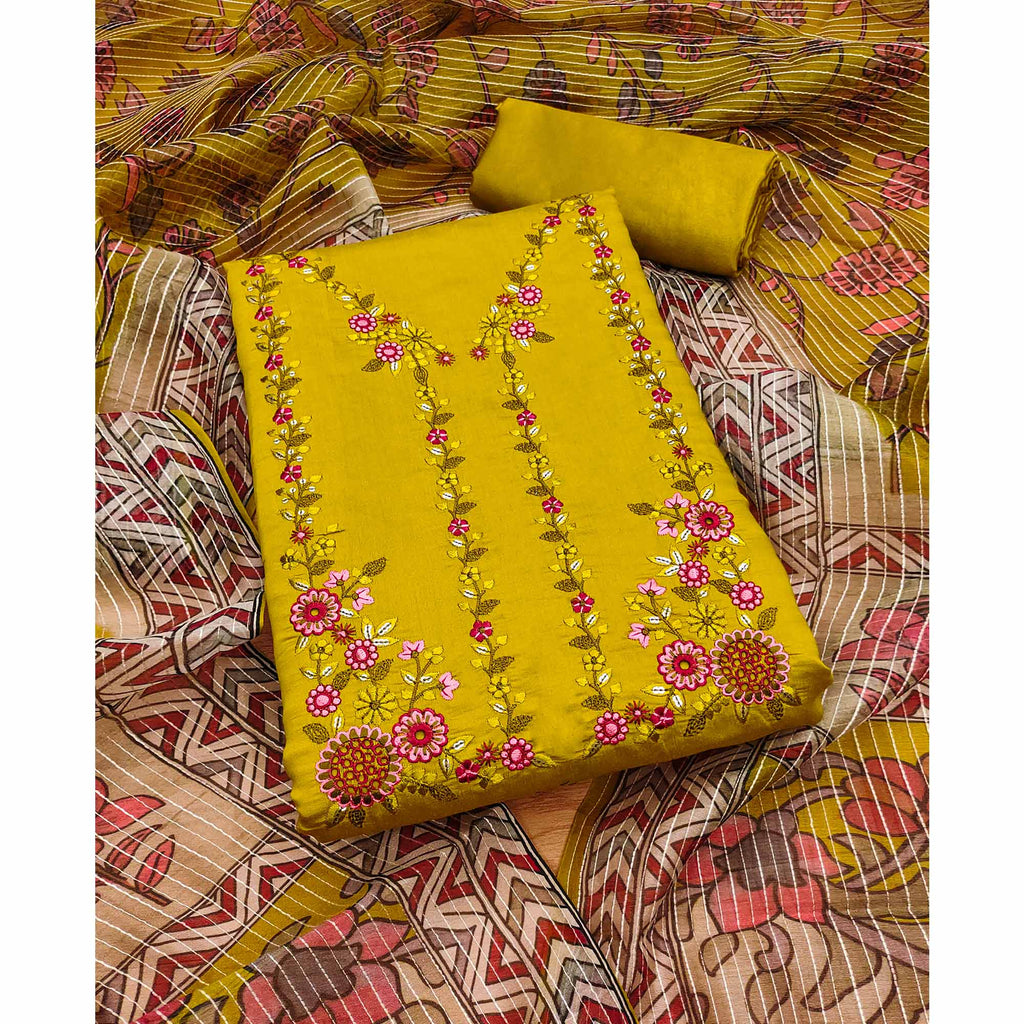 Mustard Floral Embroidered Chanderi Silk Dress Material