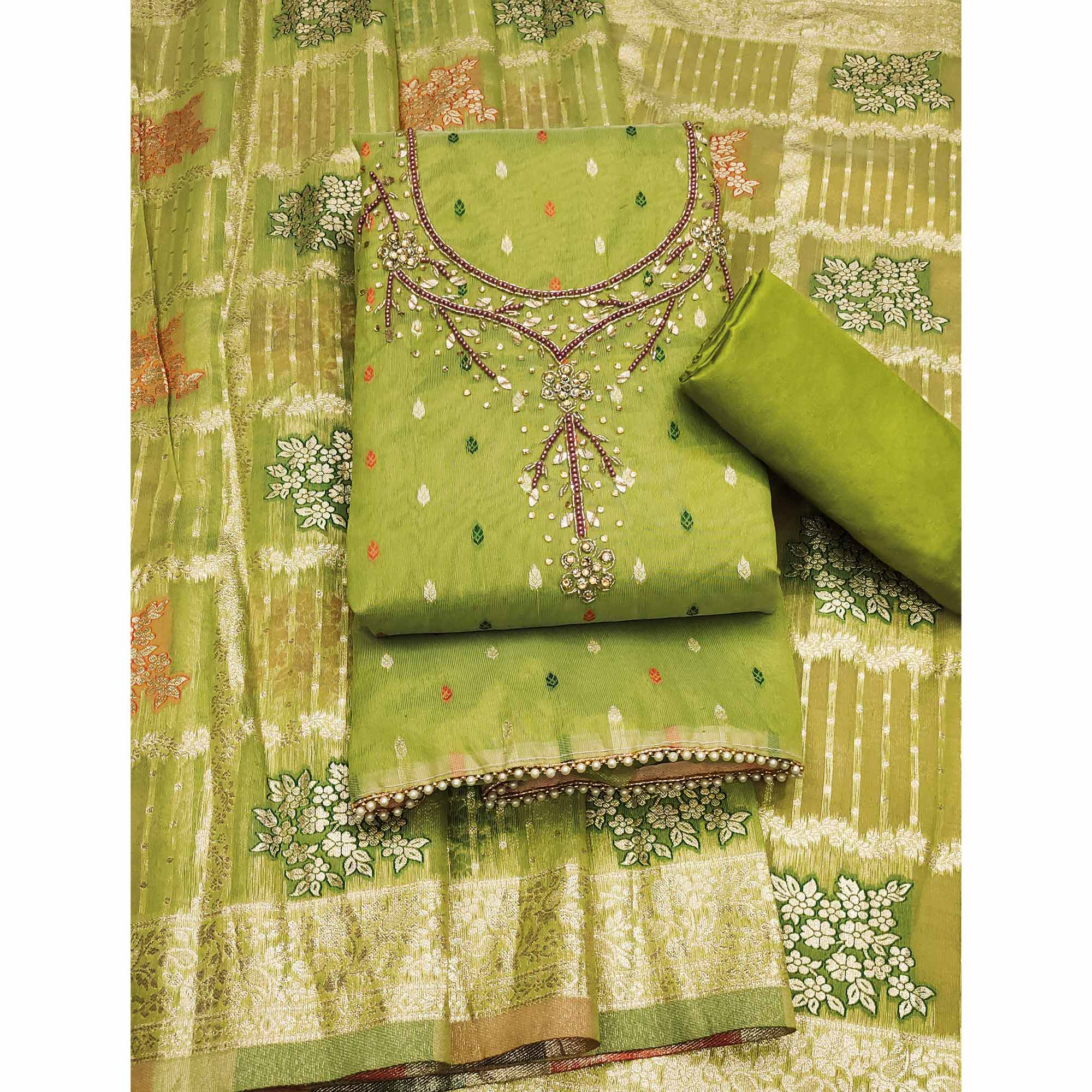 Green Woven With Handwork Simmer Jacquard Dress Material