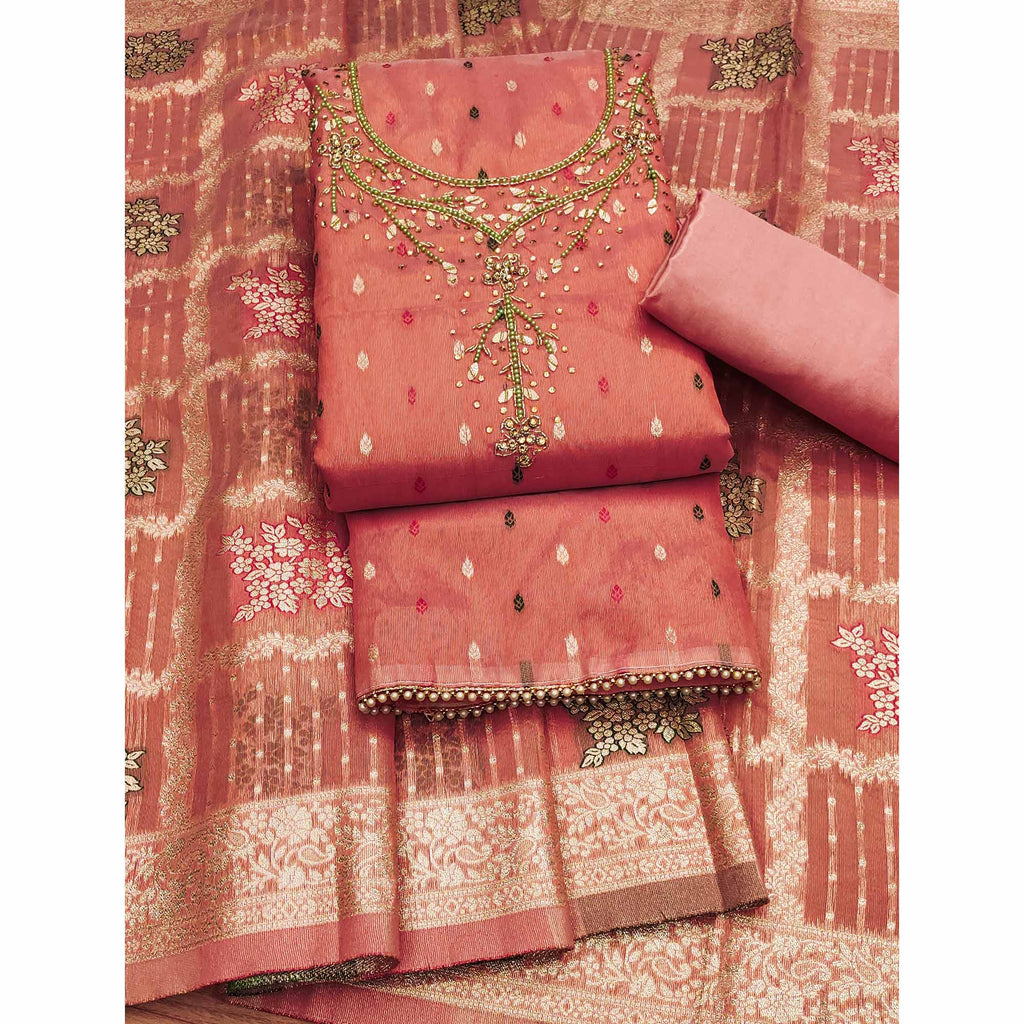 Peach Woven With Handwork Simmer Jacquard Dress Material