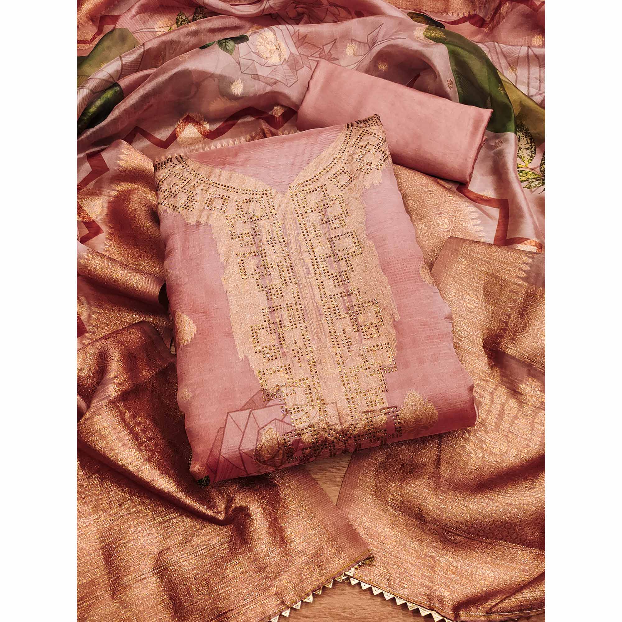 Peach Woven With Digital Printed & Swarovski Organza Dress Material