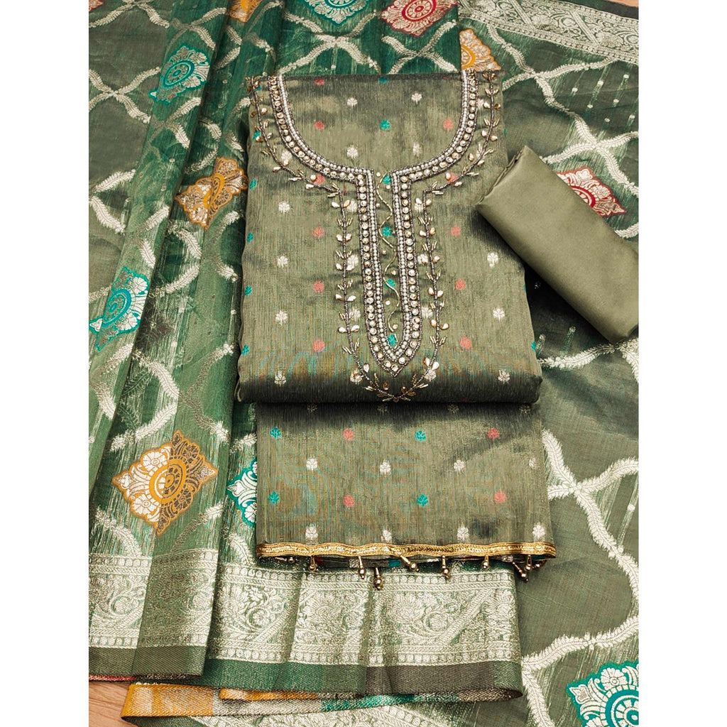Green Woven With Handwork Simmer Jacquard Dress Material