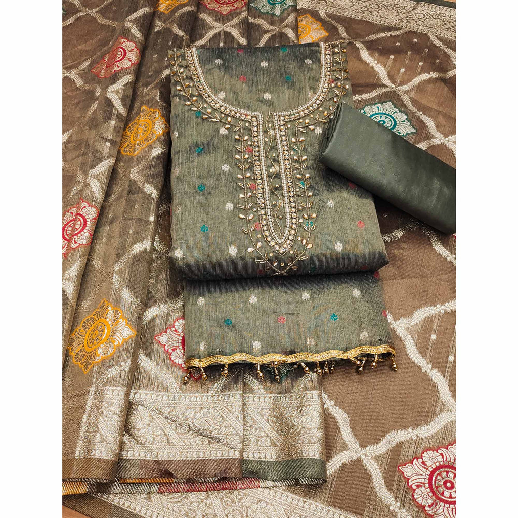 Grey Woven With Handwork Simmer Jacquard Dress Material