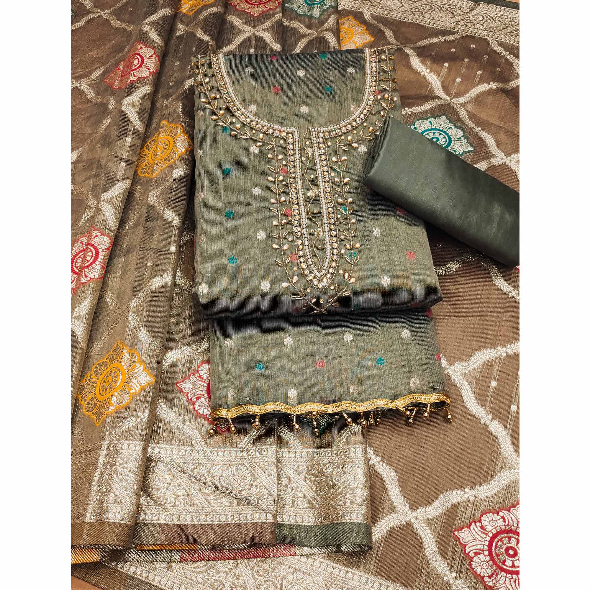 Grey Woven With Handwork Simmer Jacquard Dress Material
