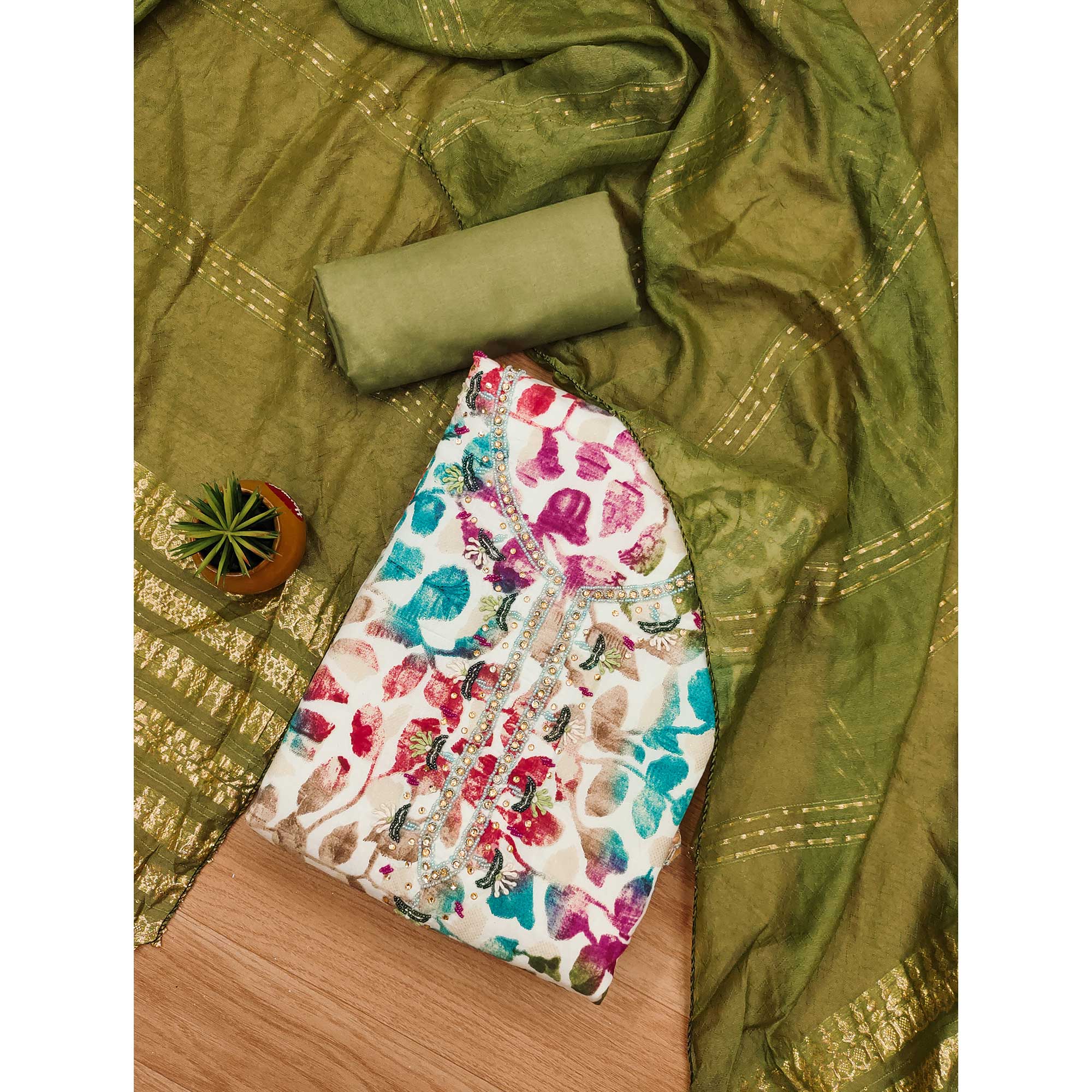 Green Floral Foil Printed With Handwork Modal Cotton Silk Dress Material