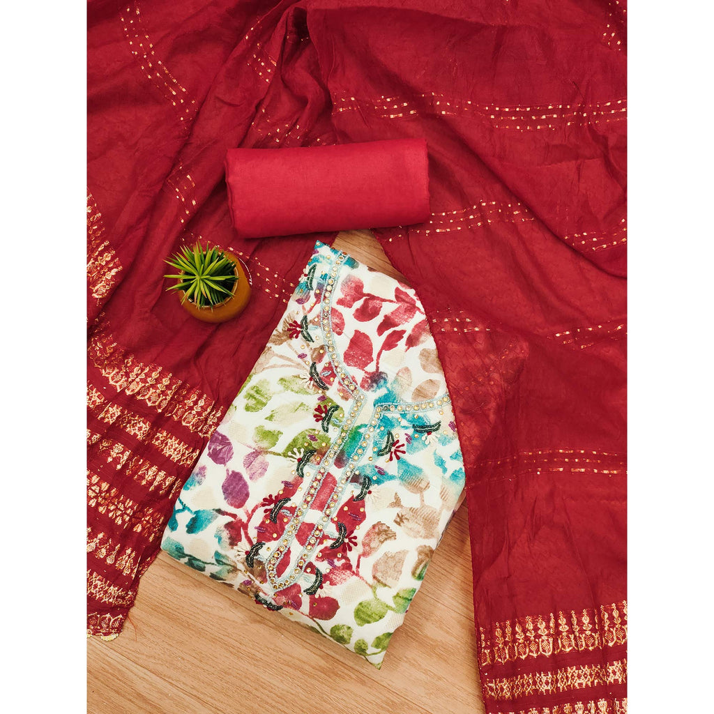 Maroon Floral Foil Printed With Handwork Modal Cotton Silk Dress Material