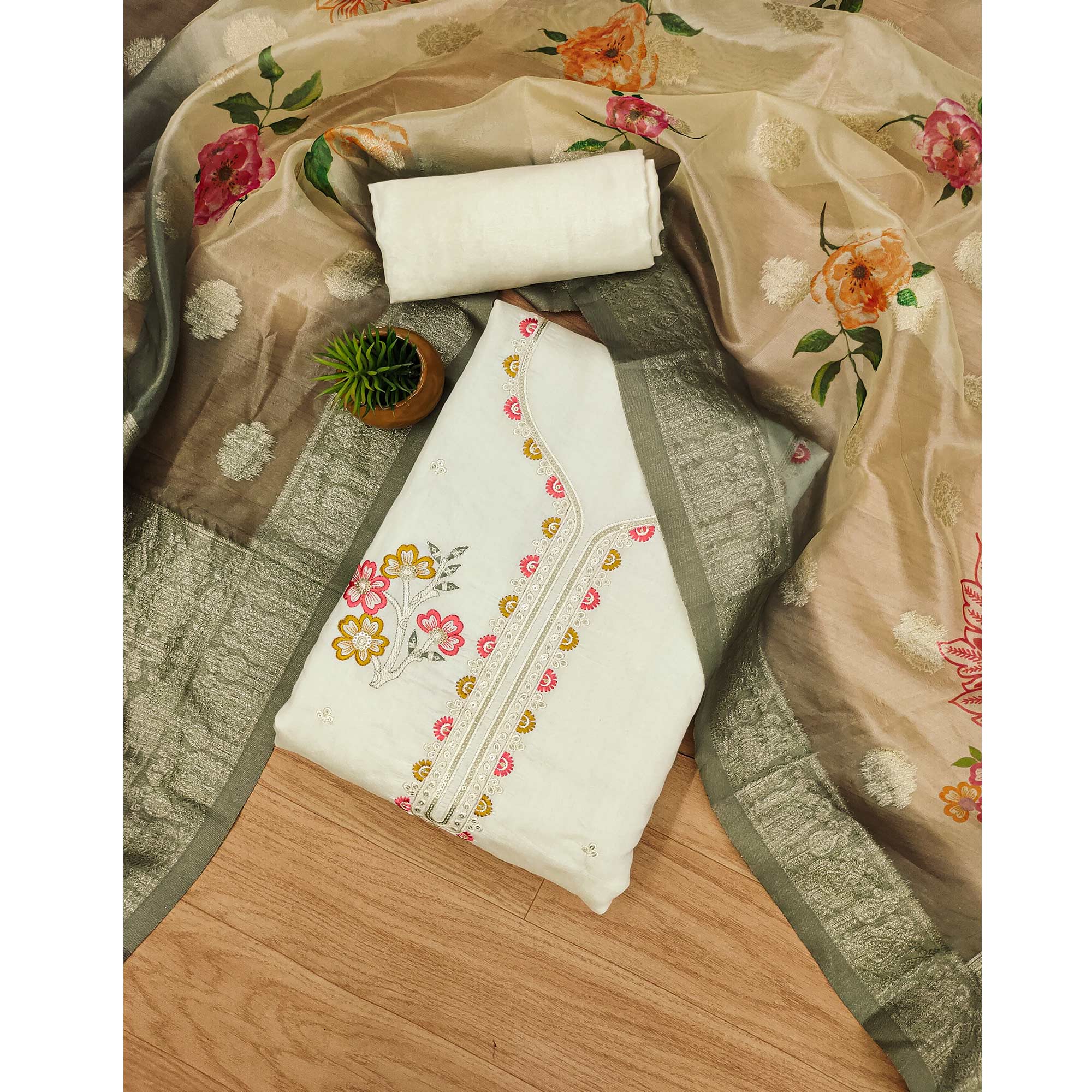 Cream Floral Sequins Embroidered Cotton Roman Silk Dress Material
