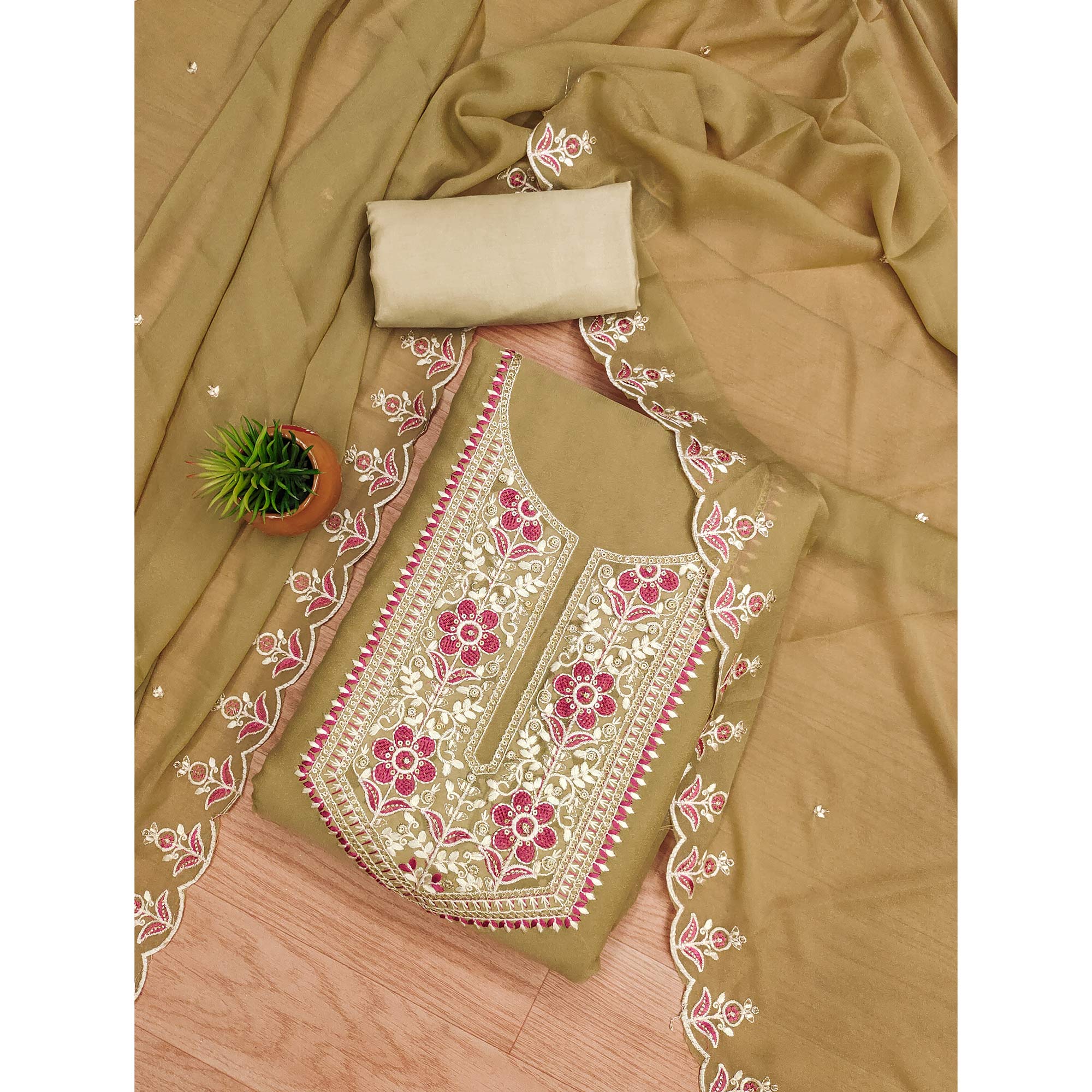 Chikoo Floral Sequins Embroidered Georgette Dress Material